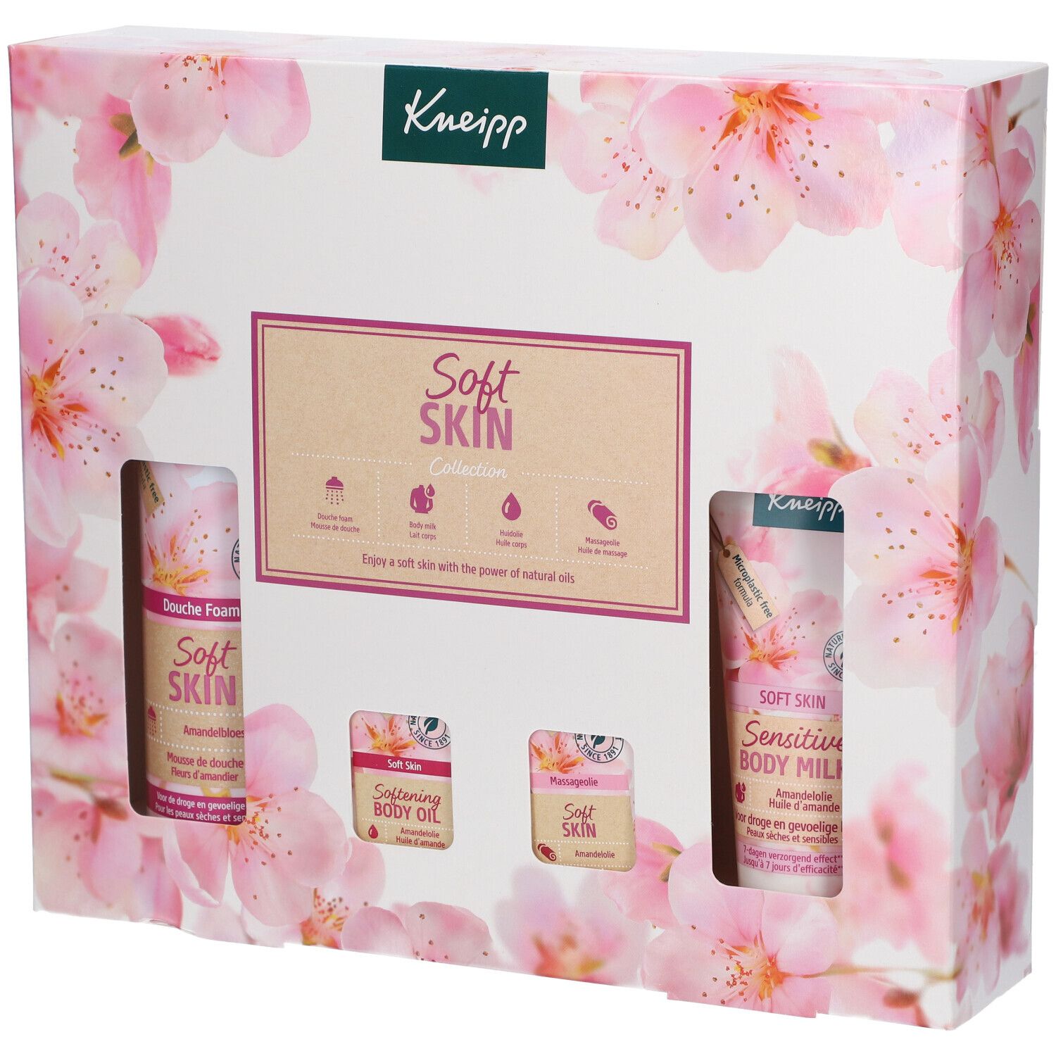 Kneipp Soft Skin Collection geschenkverpakking. Verpakking met kersenbloesem. Bevat douche foam, olie en body milk.