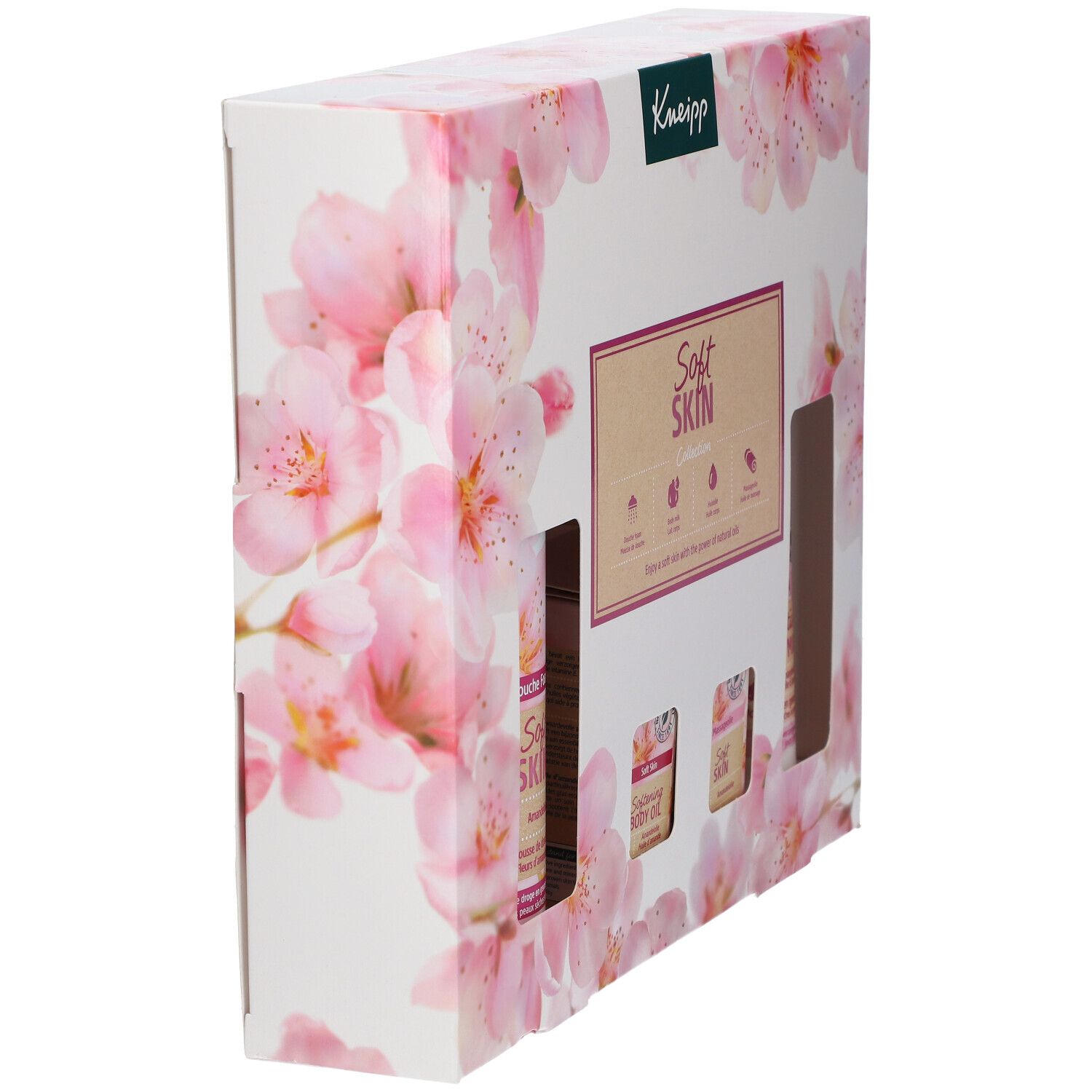 Zijaanzicht Kneipp Soft Skin Collection geschenkverpakking. Verpakking met kersenbloesem en uitsparingen.