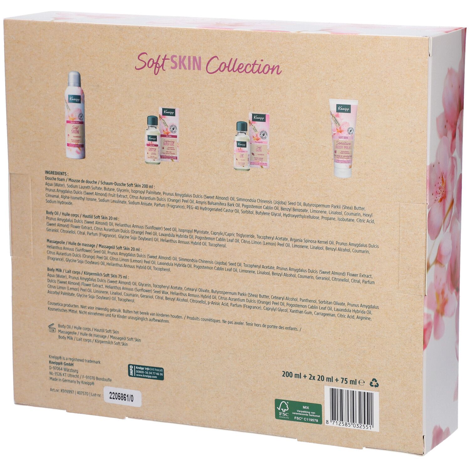 Achterkant Kneipp Soft Skin Collection geschenkverpakking. Productinformatie, ingrediënten en certificeringen.
