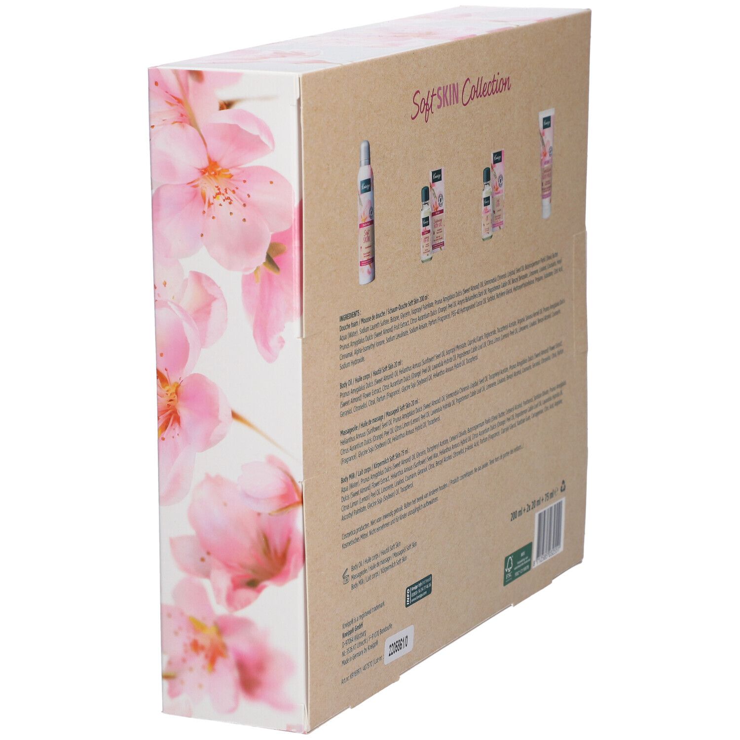 Achterkant Kneipp Soft Skin Collection geschenkverpakking. Productafbeeldingen en tekst. Ingrediënten en certificeringen.