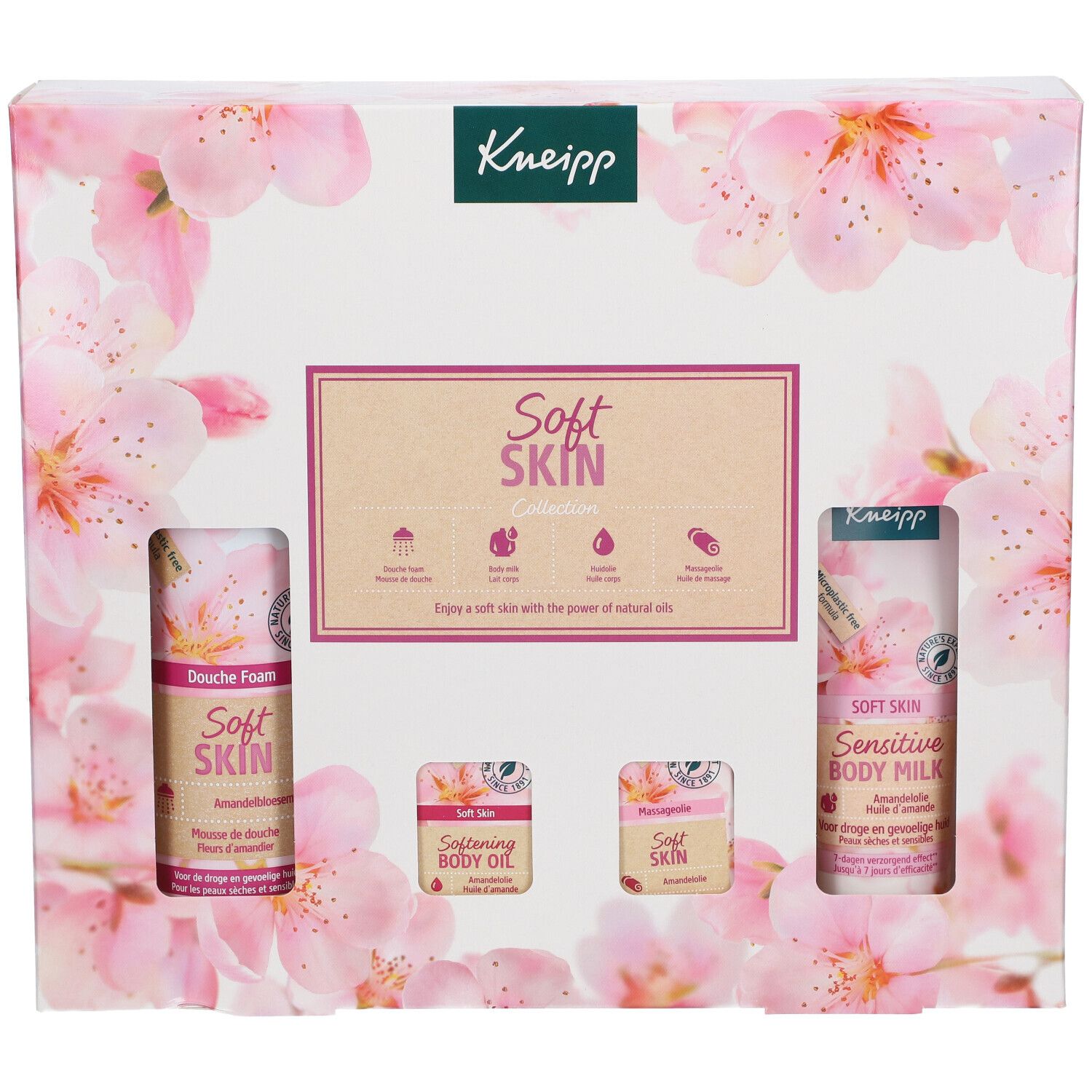 Kneipp Soft Skin Collection geschenkverpakking. Bevat douche foam, olie en body milk. Verpakking met kersenbloesem.