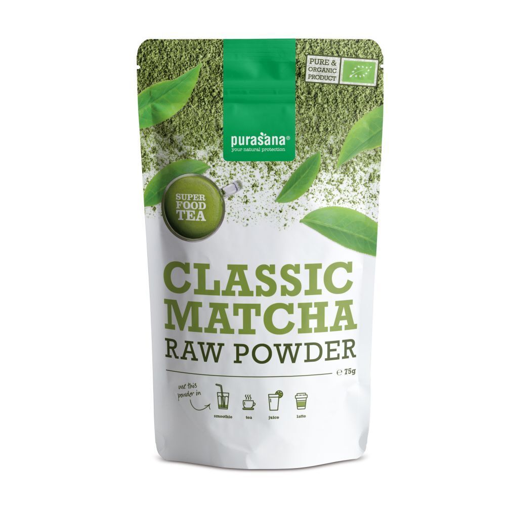 Zakje Classic Matcha Raw Powder. Groen en wit. Logo en tekst: Super Food Tea, Classic Matcha, Raw Powder.