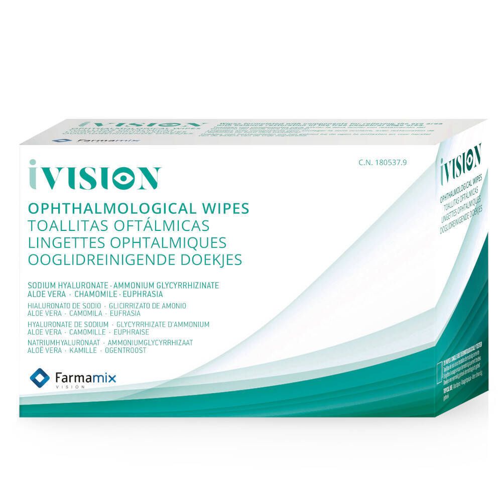 Weißer Karton mit "iVISION"-Logo und Produktbezeichnung in mehreren Sprachen. Enthält Inhaltsstoffe wie Hyaluronsäure und Aloe Vera.