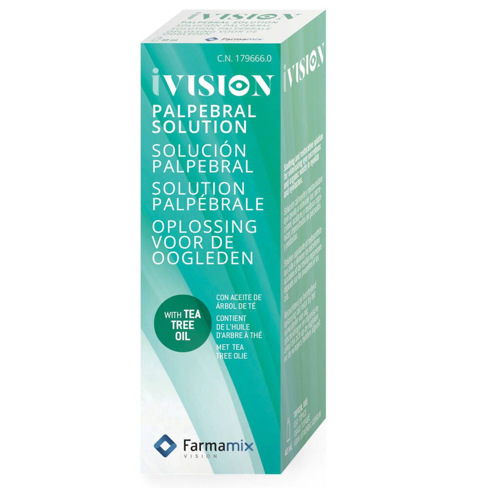 Groene doos met iVision Palpebral Solution in meerdere talen. Bevat tea tree olie. Merk: Farmamix.