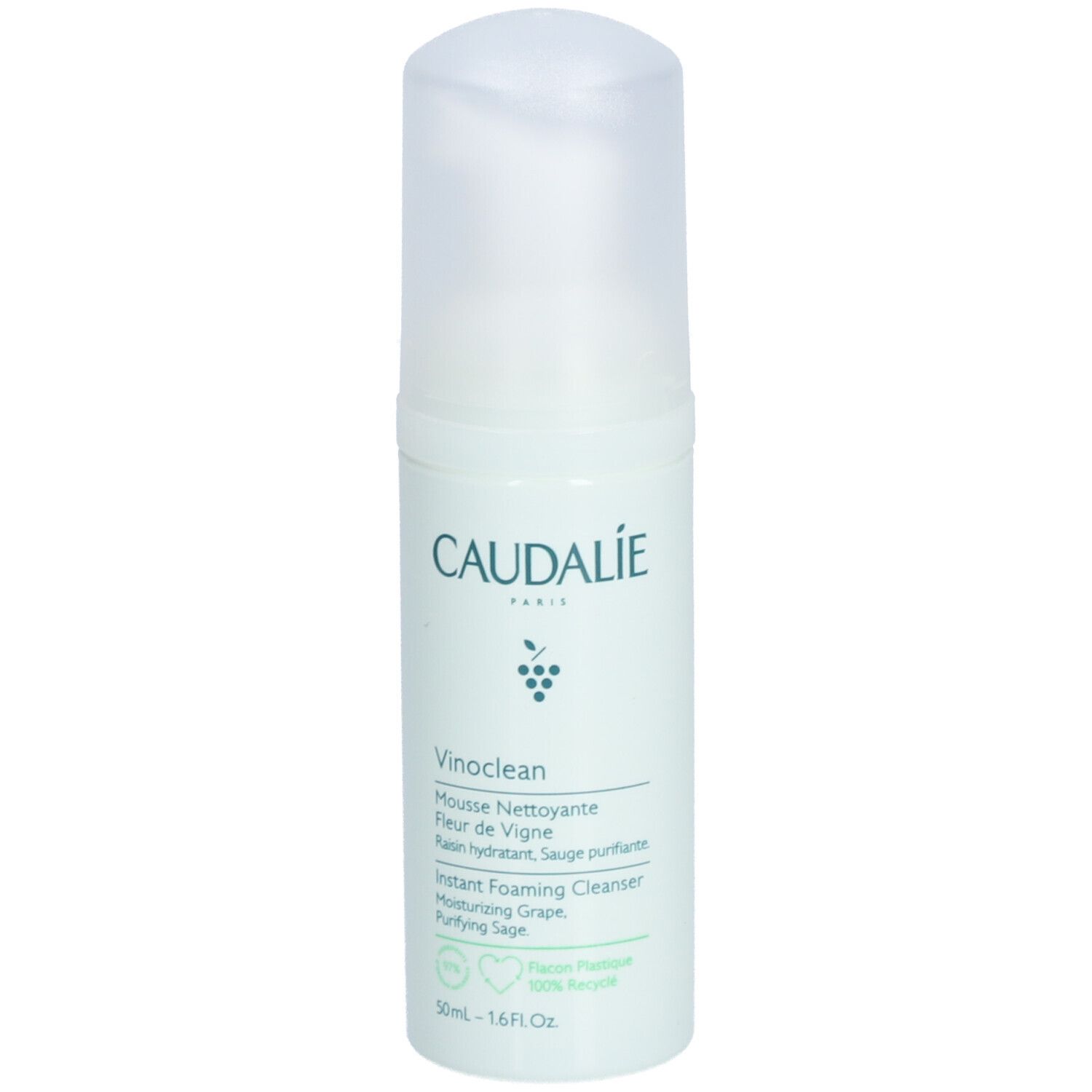 Weiß-grüne Flasche mit Caudalie-Logo und Produktbezeichnung Vinoclean. Transparenter Deckel. Aufschrift: Instant Foaming Cleanser.