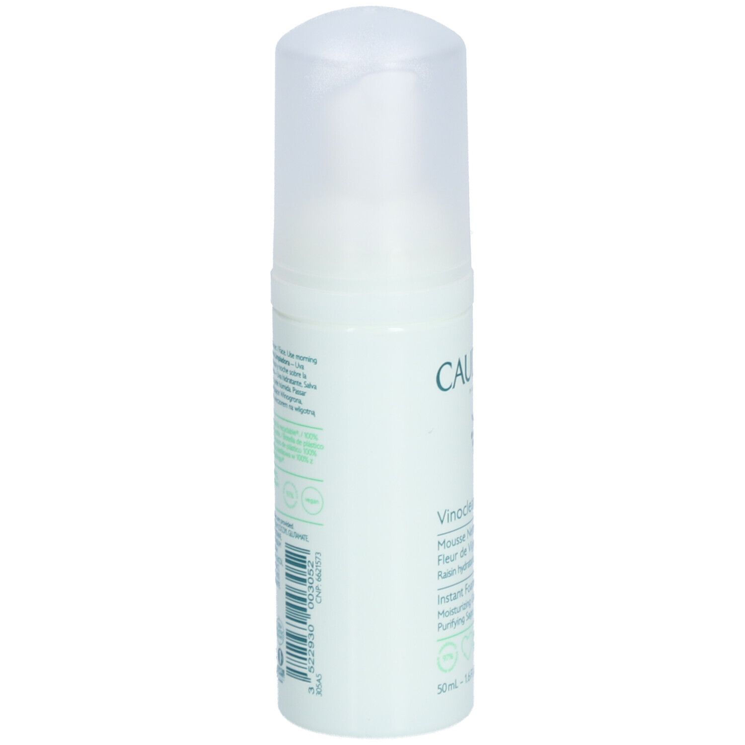 Weiß-grüne Flasche mit Text. Aufschrift: Vinoclean, Instant Foaming Cleanser. Mit Recycling-Symbolen und Barcode.