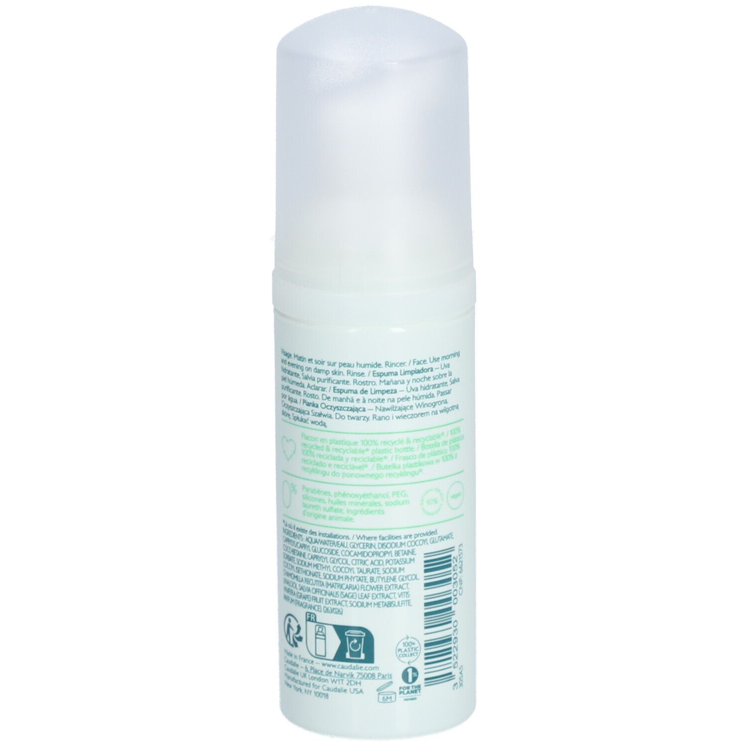 Weiß-grüne Flasche mit Text. Aufschrift: Vinoclean, Instant Foaming Cleanser. Mit Inhaltsstoffangaben und Recycling-Symbolen.