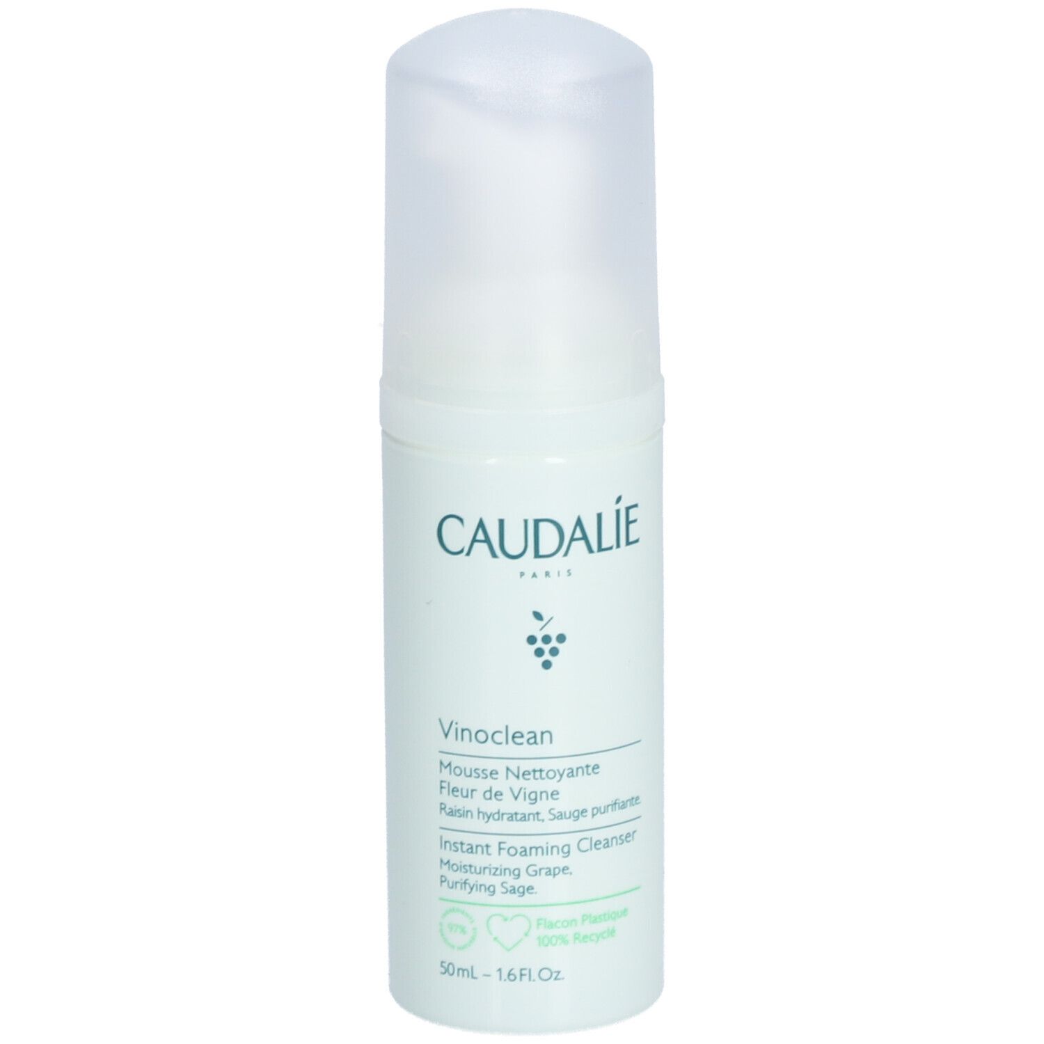 Weiß-grüne Flasche mit Caudalie-Logo und Produktbezeichnung Vinoclean. Transparenter Deckel. Aufschrift: Instant Foaming Cleanser.