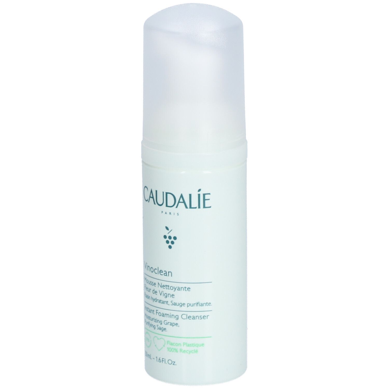 Weiß-grüne Flasche mit Caudalie-Logo und Produktbezeichnung Vinoclean. Transparenter Deckel. Aufschrift: Instant Foaming Cleanser.
