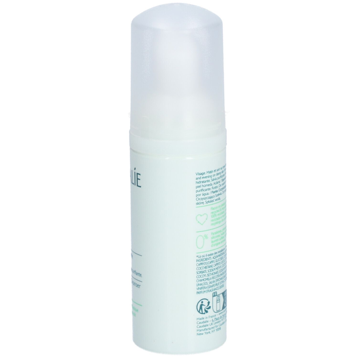 Weiß-grüne Flasche mit Text. Aufschrift: Vinoclean, Instant Foaming Cleanser. Mit Recycling-Symbolen und Text.