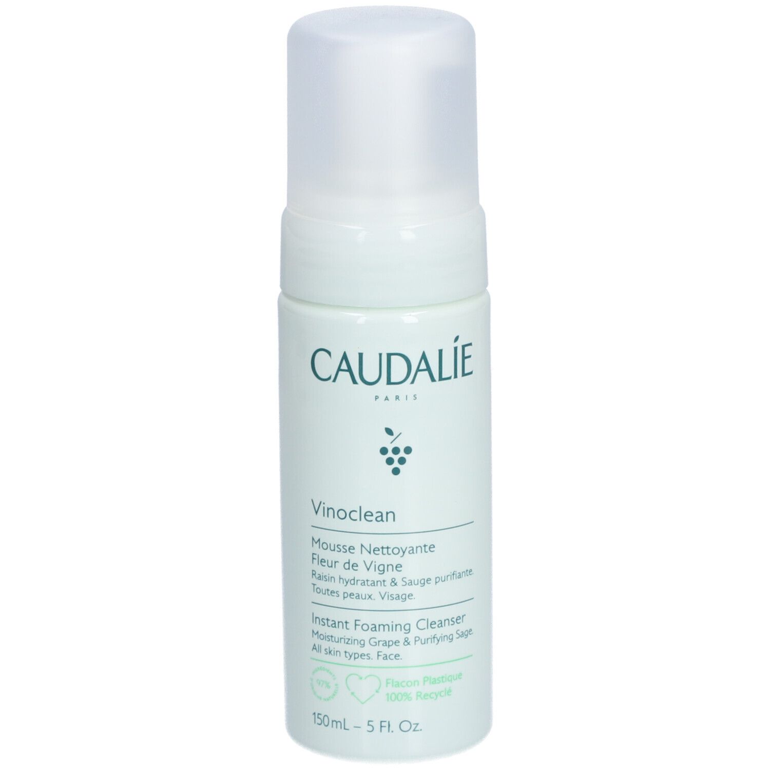 Flacon blanc avec bouchon. Inscription: Caudalie, Vinoclean, Mousse Nettoyante. Texte: Instant Foaming Cleanser. 150ml.