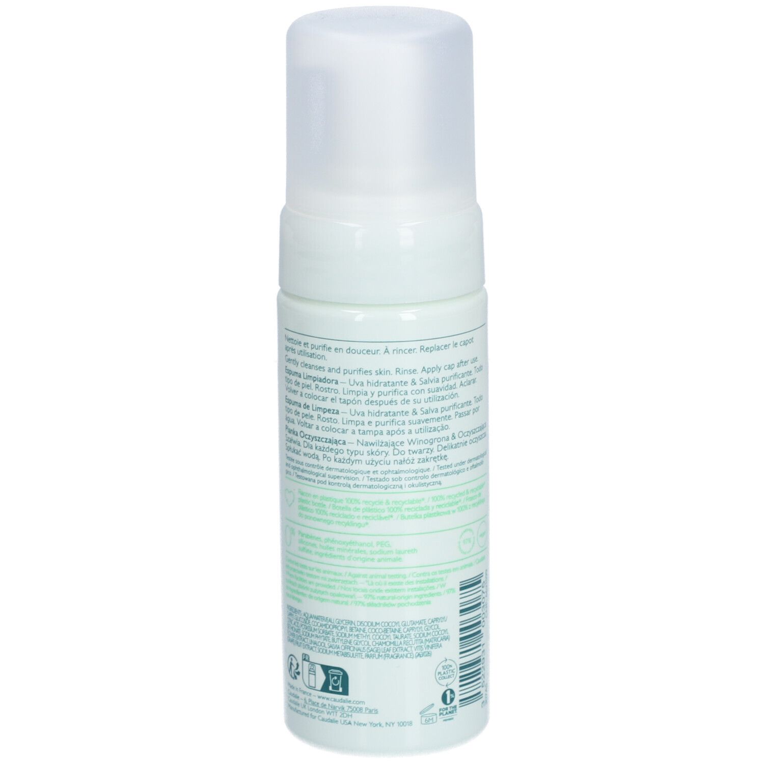 Flacon blanc avec bouchon. Dos avec texte multilingue. Logo de recyclage et autres symboles.