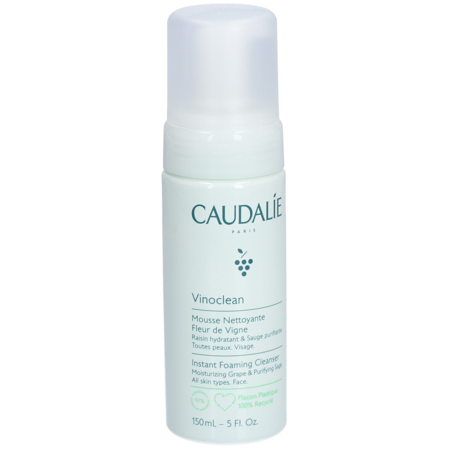 Flacon blanc avec bouchon. Inscription: Caudalie, Vinoclean, Mousse Nettoyante. Texte: Instant Foaming Cleanser. 150ml.