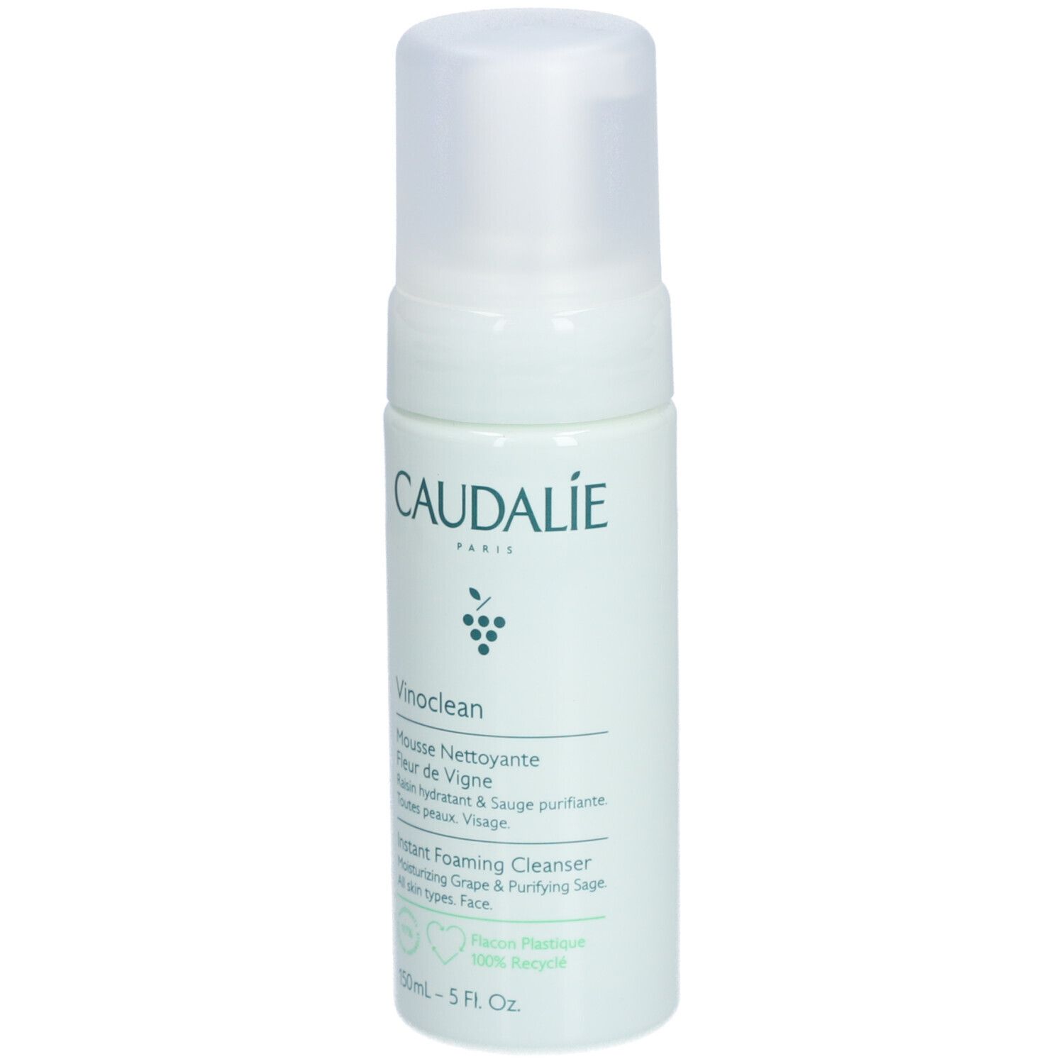 Flacon blanc avec bouchon. Inscription: Caudalie, Vinoclean, Mousse Nettoyante. Texte: Instant Foaming Cleanser. 150ml.