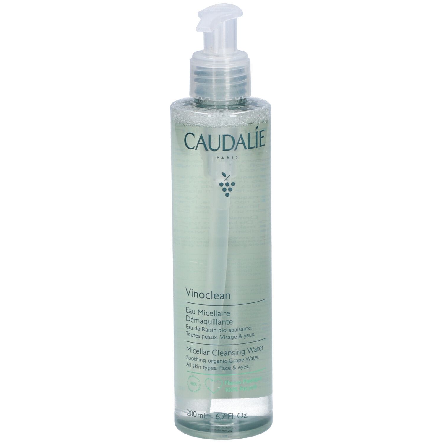 Klare Flasche mit Pumpe. Aufschrift Caudalie, Vinoclean, Eau Micellaire Démaquillante. Für alle Hauttypen, Gesicht & Augen.