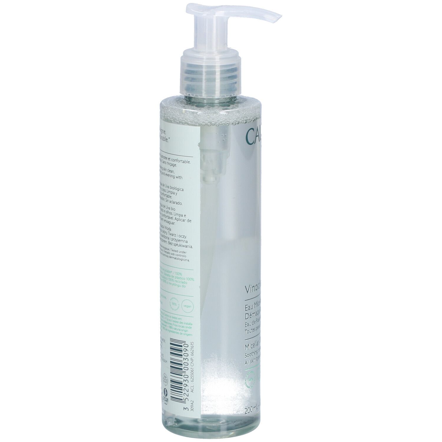 Transparente Flasche mit Pumpe. Rückseite mit Text in verschiedenen Sprachen. Aufschrift Caudalie, Vinoclean, Eau Micellaire Démaquillante.