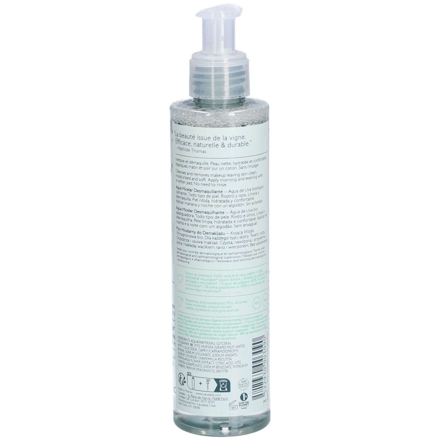 Transparente Flasche mit Pumpe. Rückseite mit Text in verschiedenen Sprachen. Aufschrift Caudalie, Vinoclean, Eau Micellaire Démaquillante.