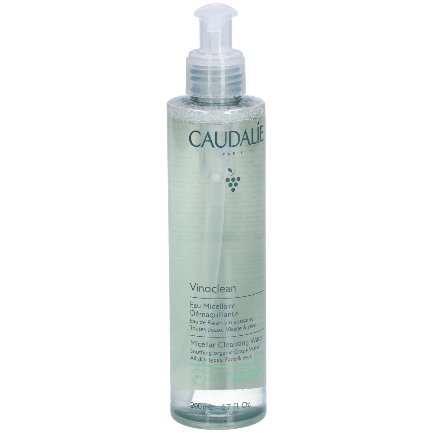 Klare Flasche mit Pumpe. Aufschrift Caudalie, Vinoclean, Eau Micellaire Démaquillante. Für alle Hauttypen, Gesicht & Augen.