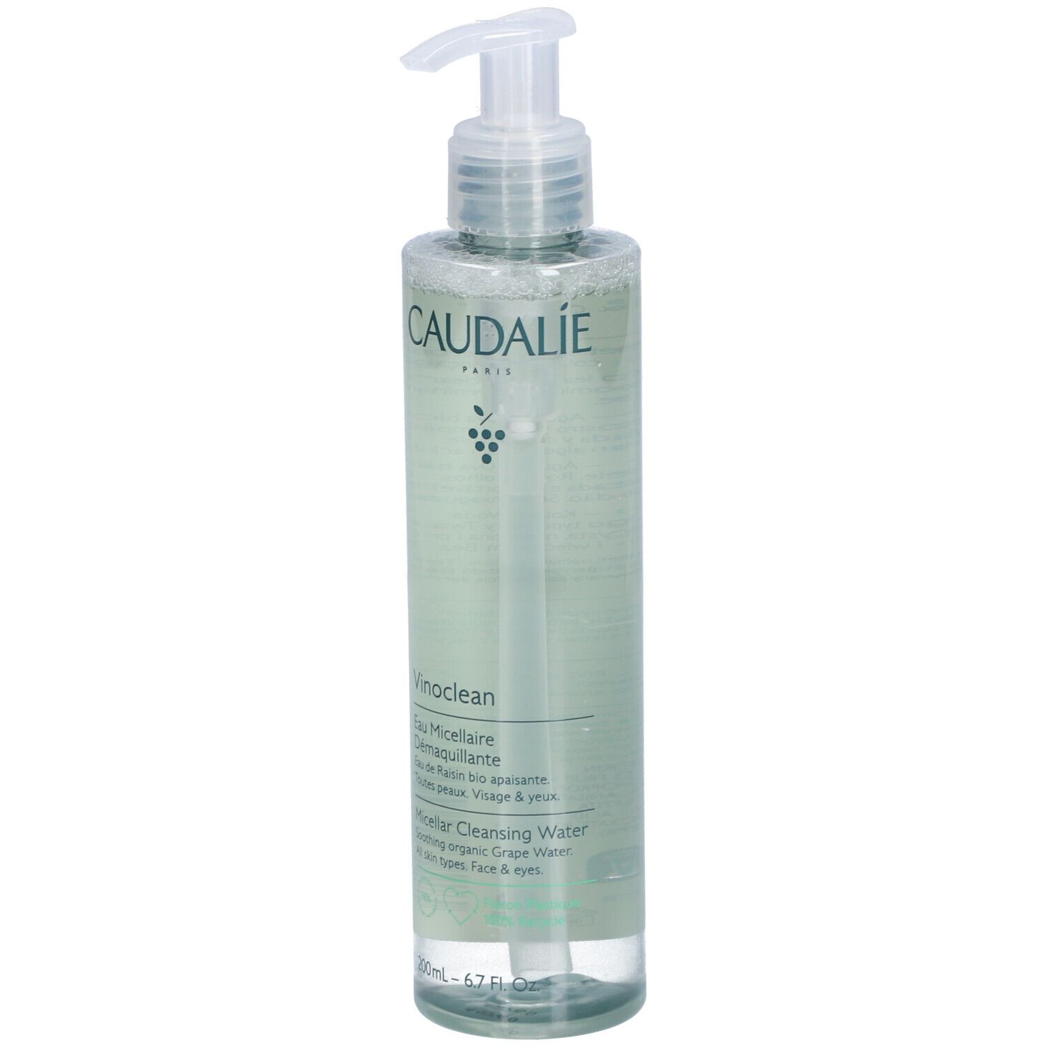Klare Flasche mit Pumpe. Aufschrift Caudalie, Vinoclean, Eau Micellaire Démaquillante. Für alle Hauttypen, Gesicht & Augen.