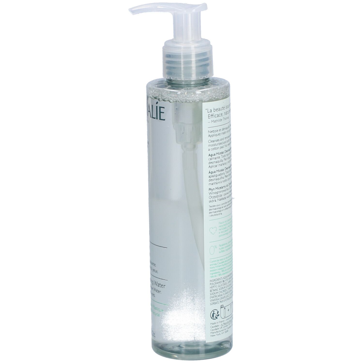 Transparente Flasche mit Pumpe. Rückseite mit Text in verschiedenen Sprachen. Aufschrift Caudalie, Vinoclean, Eau Micellaire Démaquillante.