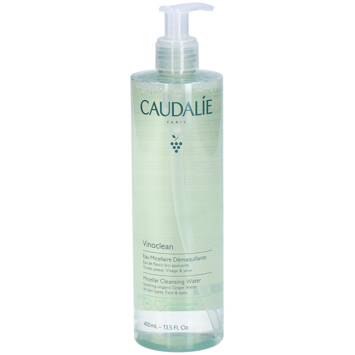 Klare Flasche mit Pumpe. Aufschrift CAUDALIE, Vinoclean, Eau Micellaire Démaquillante. Für Gesicht, Augen.