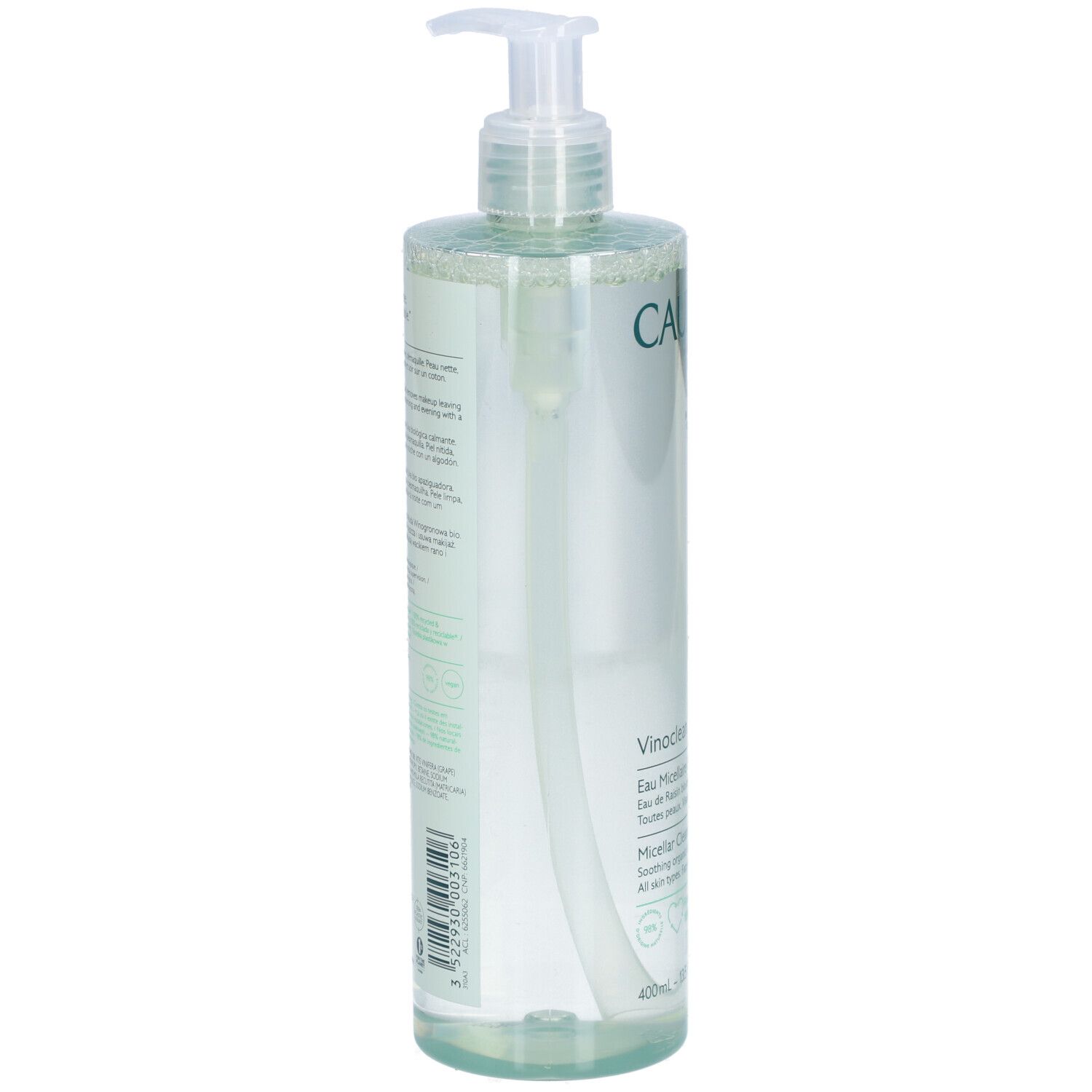 Transparente Flasche mit Pumpe. Rückseite mit Text. CAUDALIE Vinoclean Eau Micellaire Démaquillante. 400ml.