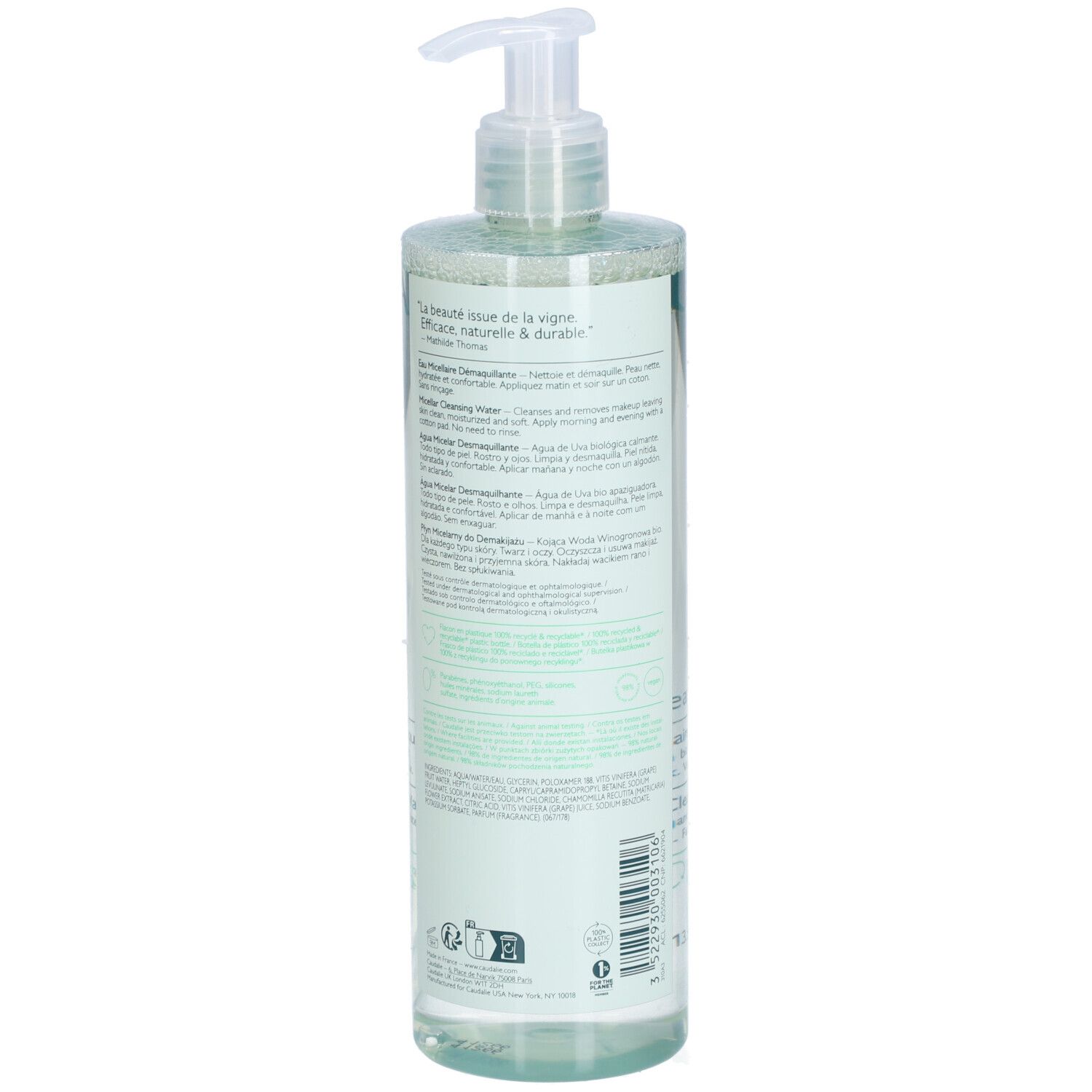 Transparente Flasche mit Pumpe. Rückseite mit Text. CAUDALIE Vinoclean Eau Micellaire Démaquillante. 400ml.
