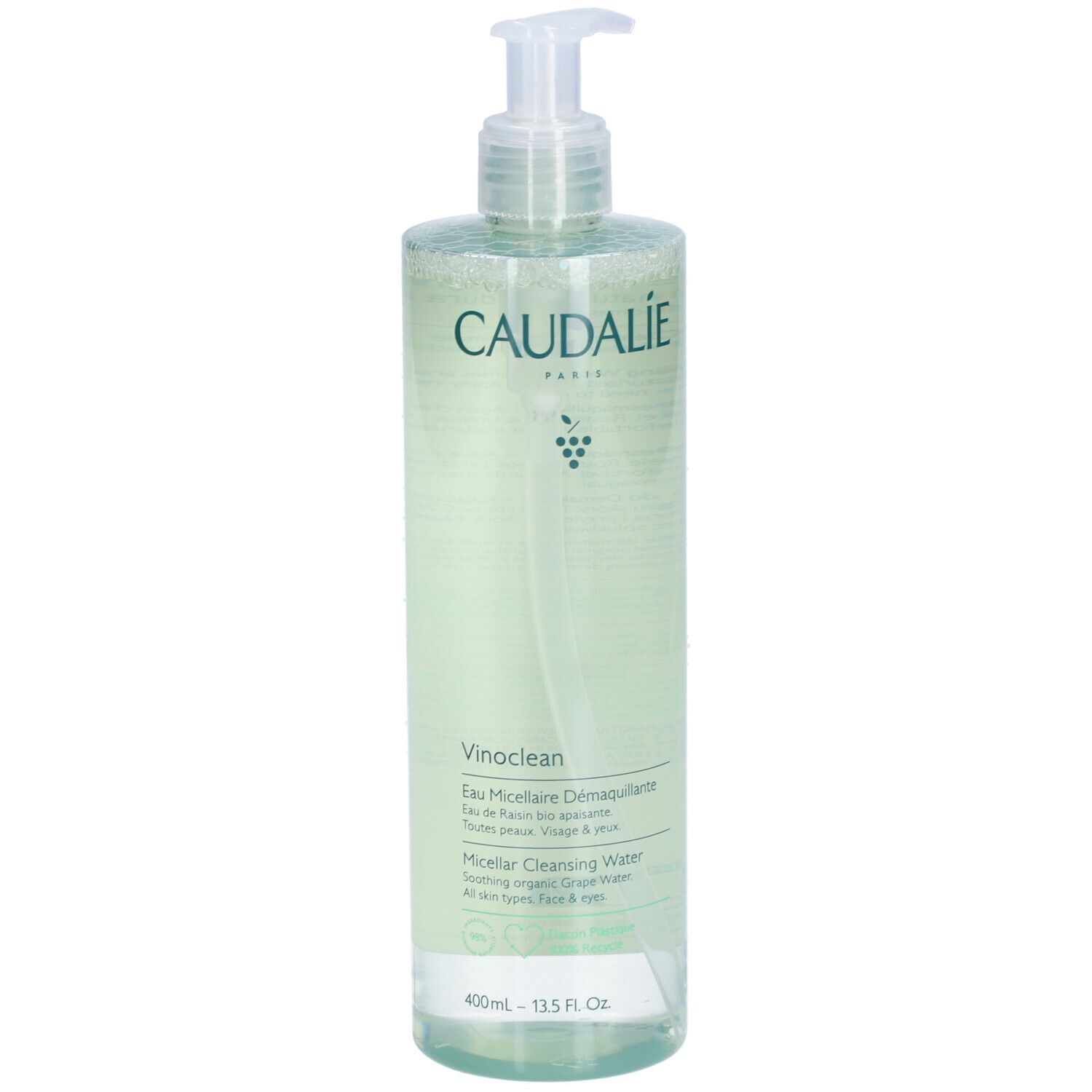 Klare Flasche mit Pumpe. Aufschrift CAUDALIE, Vinoclean, Eau Micellaire Démaquillante. Für Gesicht, Augen.