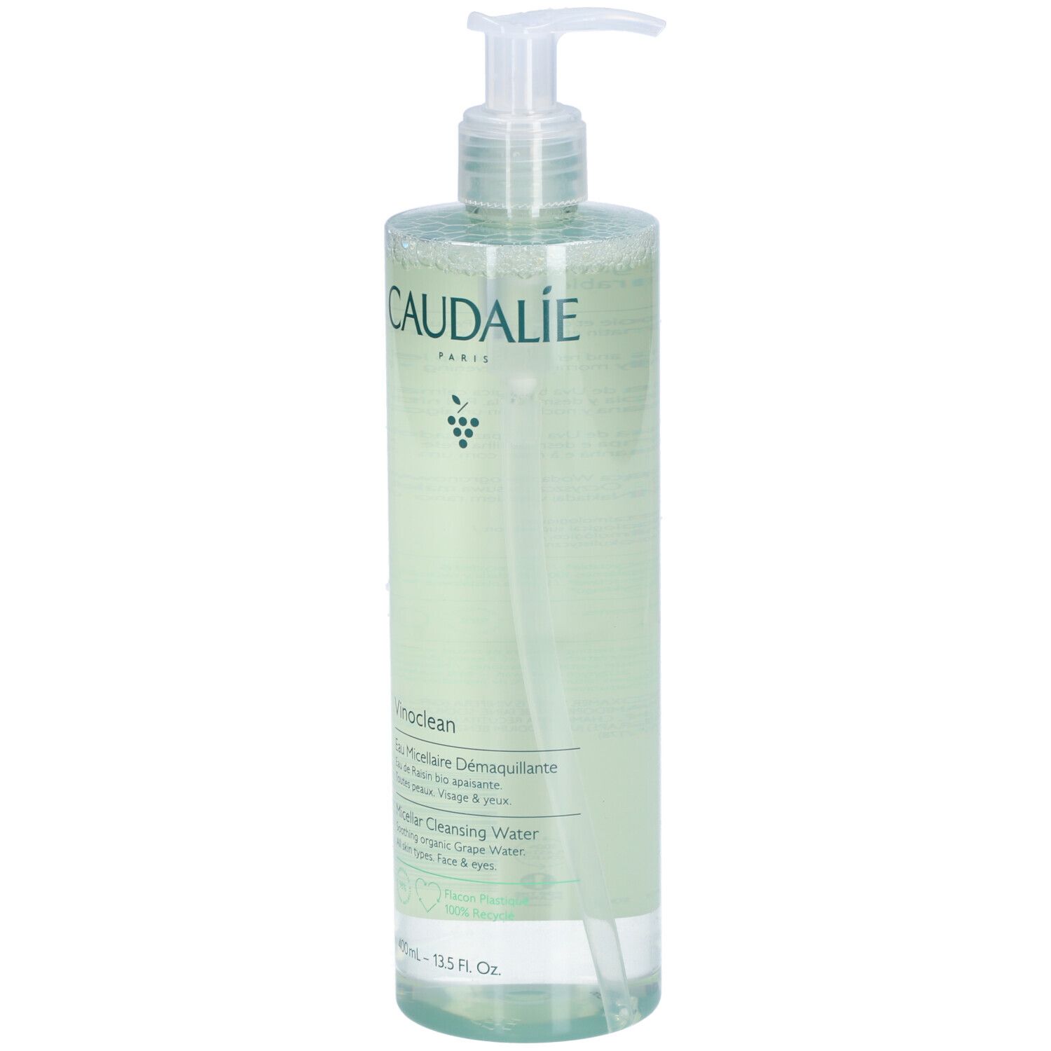 Klare Flasche mit Pumpe. Aufschrift CAUDALIE, Vinoclean, Eau Micellaire Démaquillante. Für Gesicht, Augen.