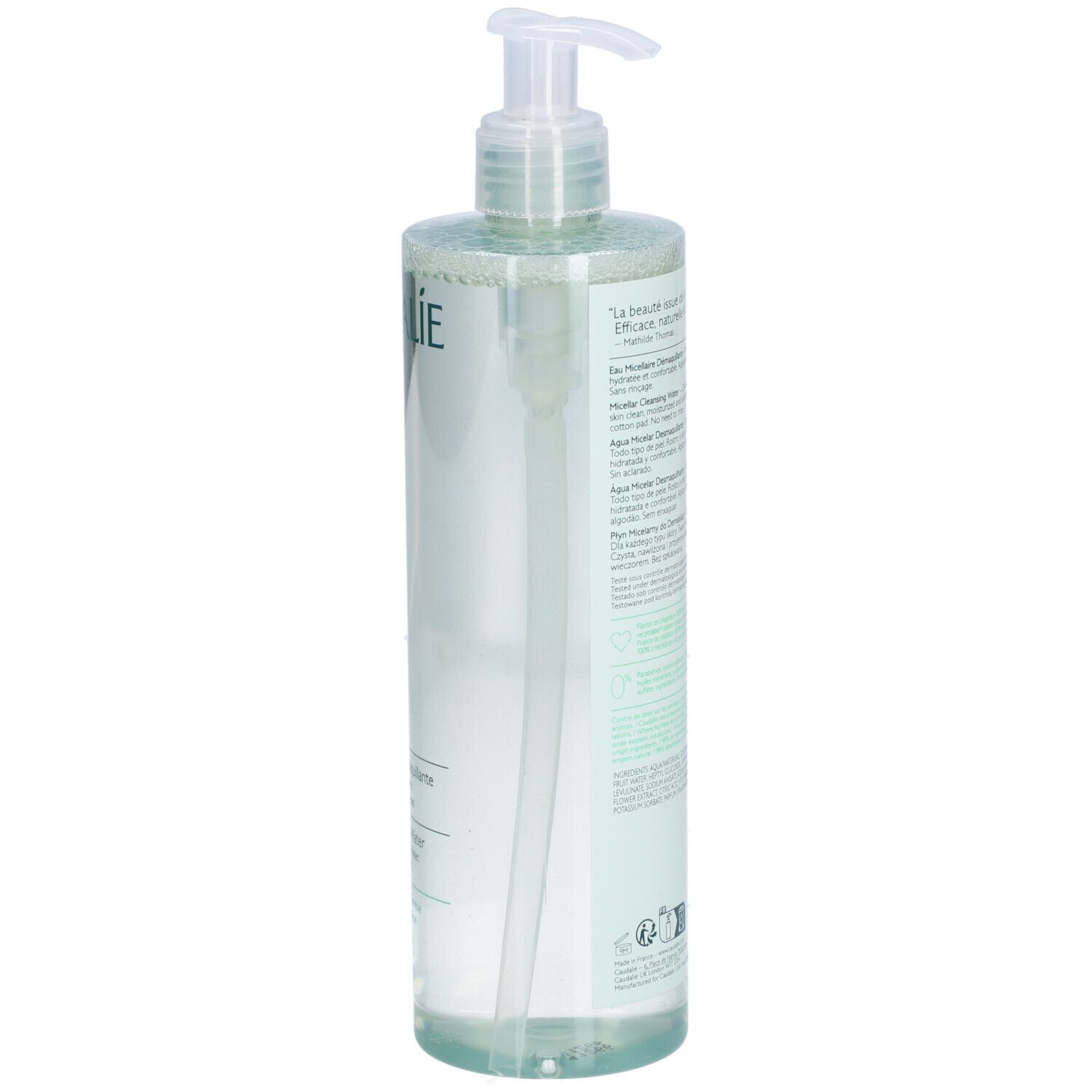 Transparente Flasche mit Pumpe. Rückseite mit Text. CAUDALIE Vinoclean Eau Micellaire Démaquillante. 400ml.
