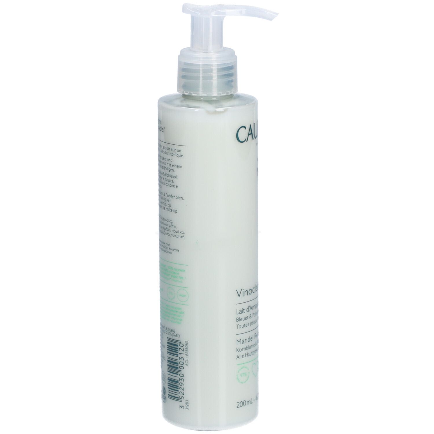 Caudalie Vinoclean Lait d'Amande Démaquillant. Achterkant van de fles. Tekst en etiket. 200ml. Met pomp.