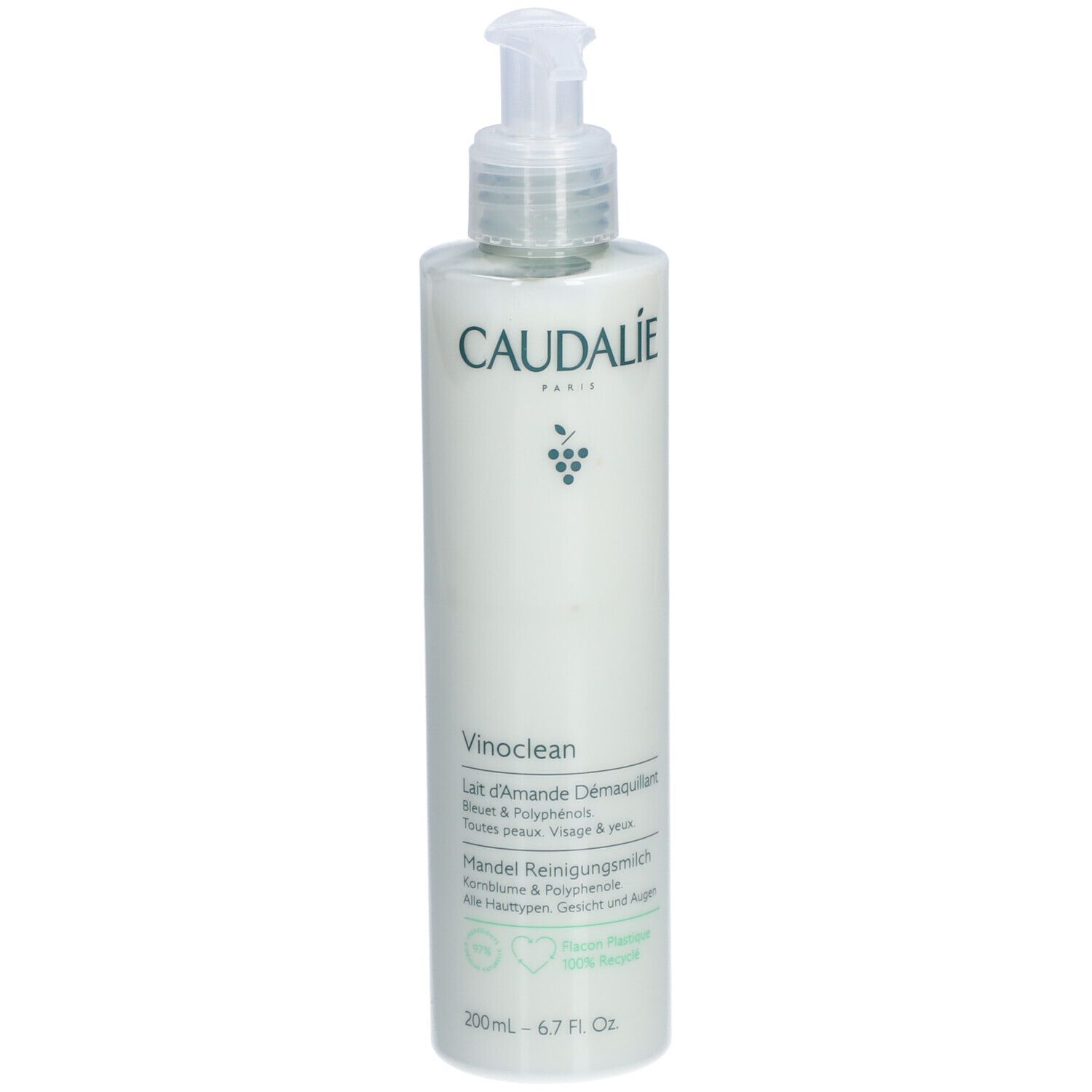 Caudalie Vinoclean Lait d'Amande Démaquillant. Witte fles met pomp. Productnaam en logo. 200ml.