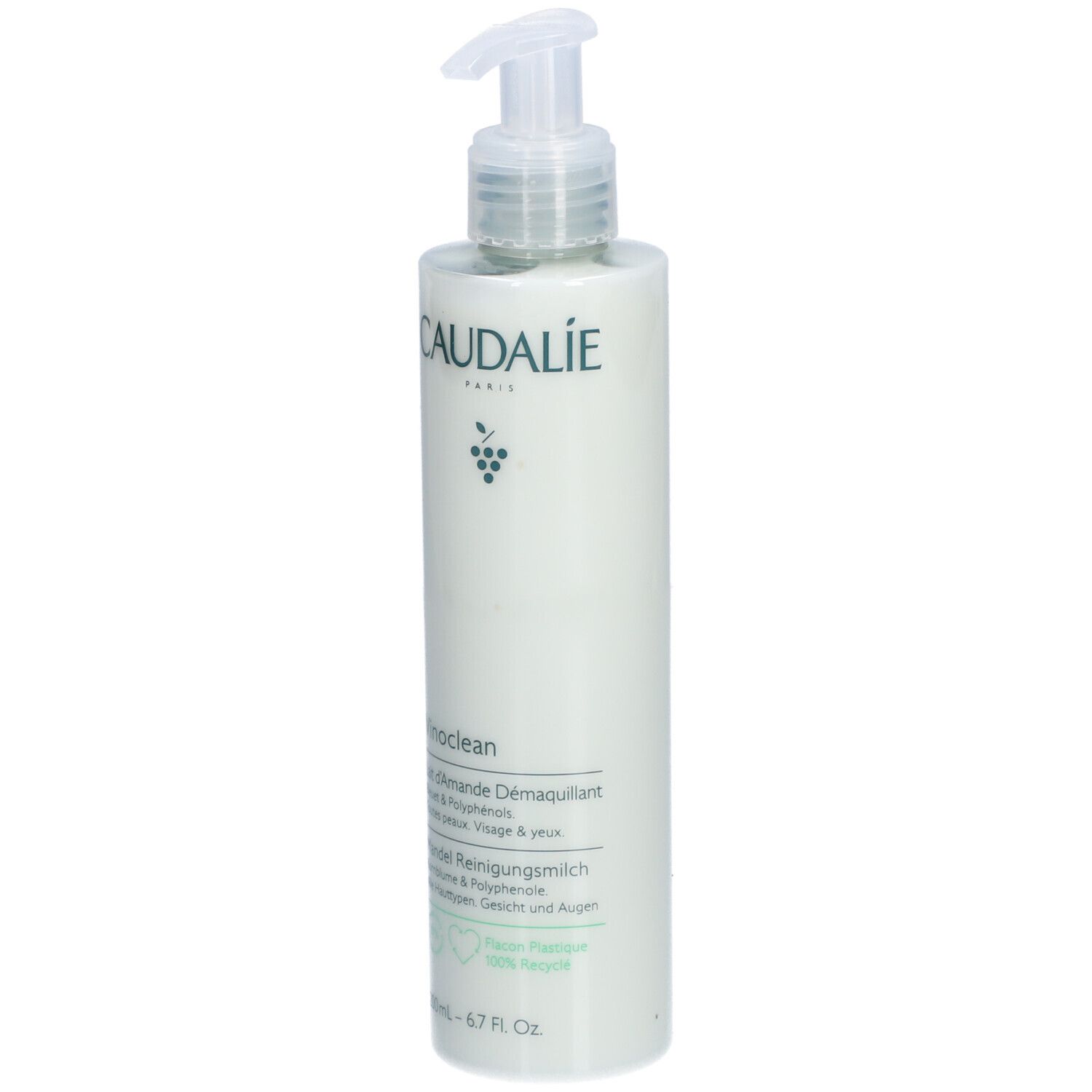 Caudalie Vinoclean Lait d'Amande Démaquillant. Witte fles met pomp. Productnaam en logo. 200ml.