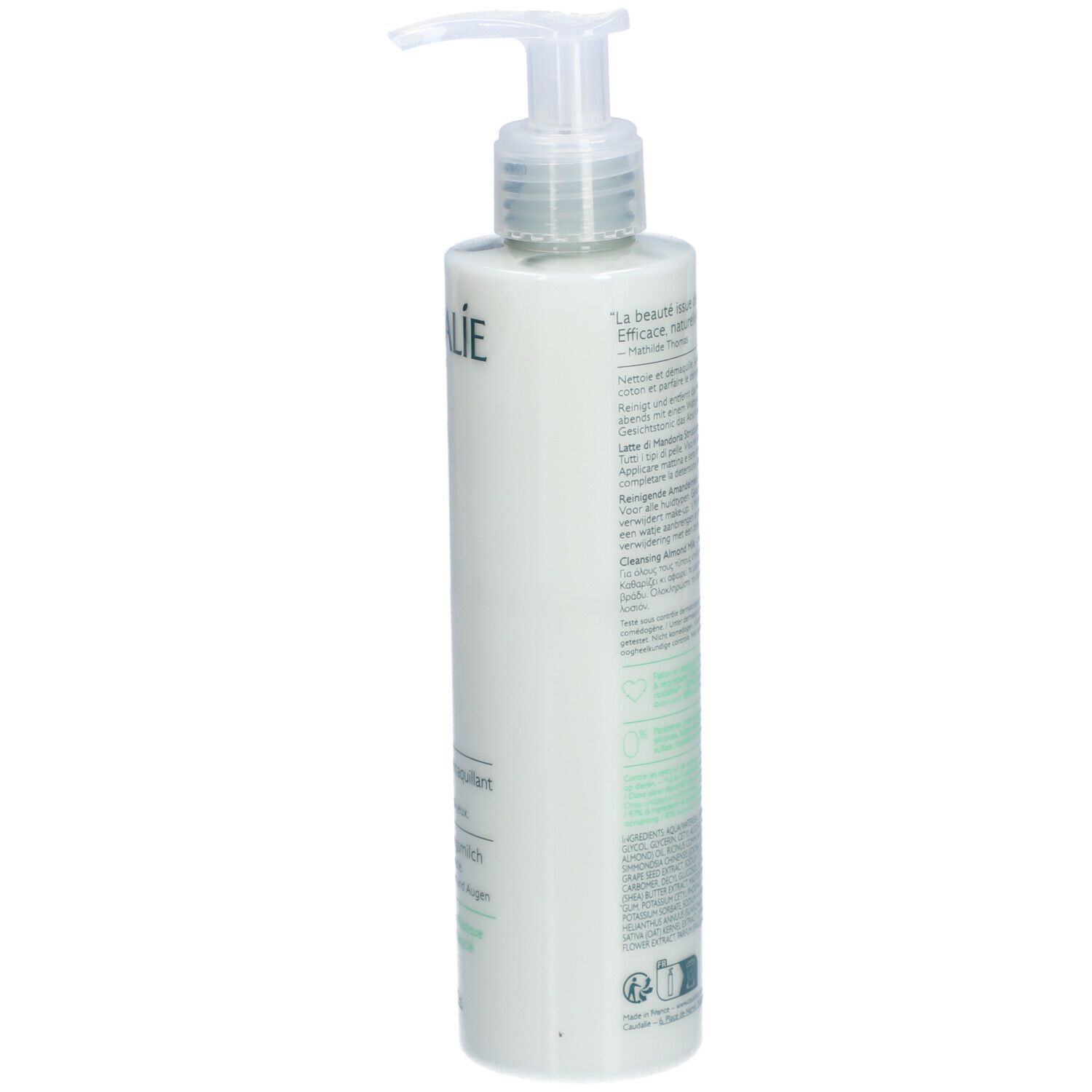 Caudalie Vinoclean Lait d'Amande Démaquillant. Achterkant van de fles. Tekst en etiket. 200ml. Met pomp.