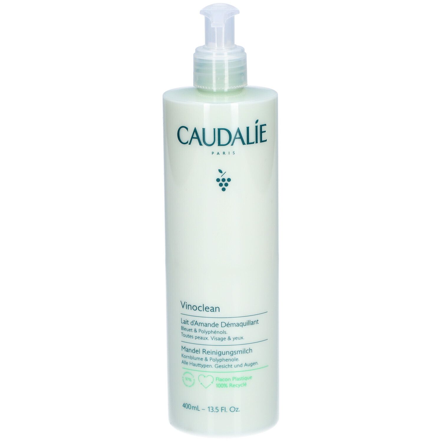 Hellgrüne Flasche mit Pumpe. Caudalie-Logo und Produktbezeichnung Vinoclean. Text in Deutsch und Französisch.