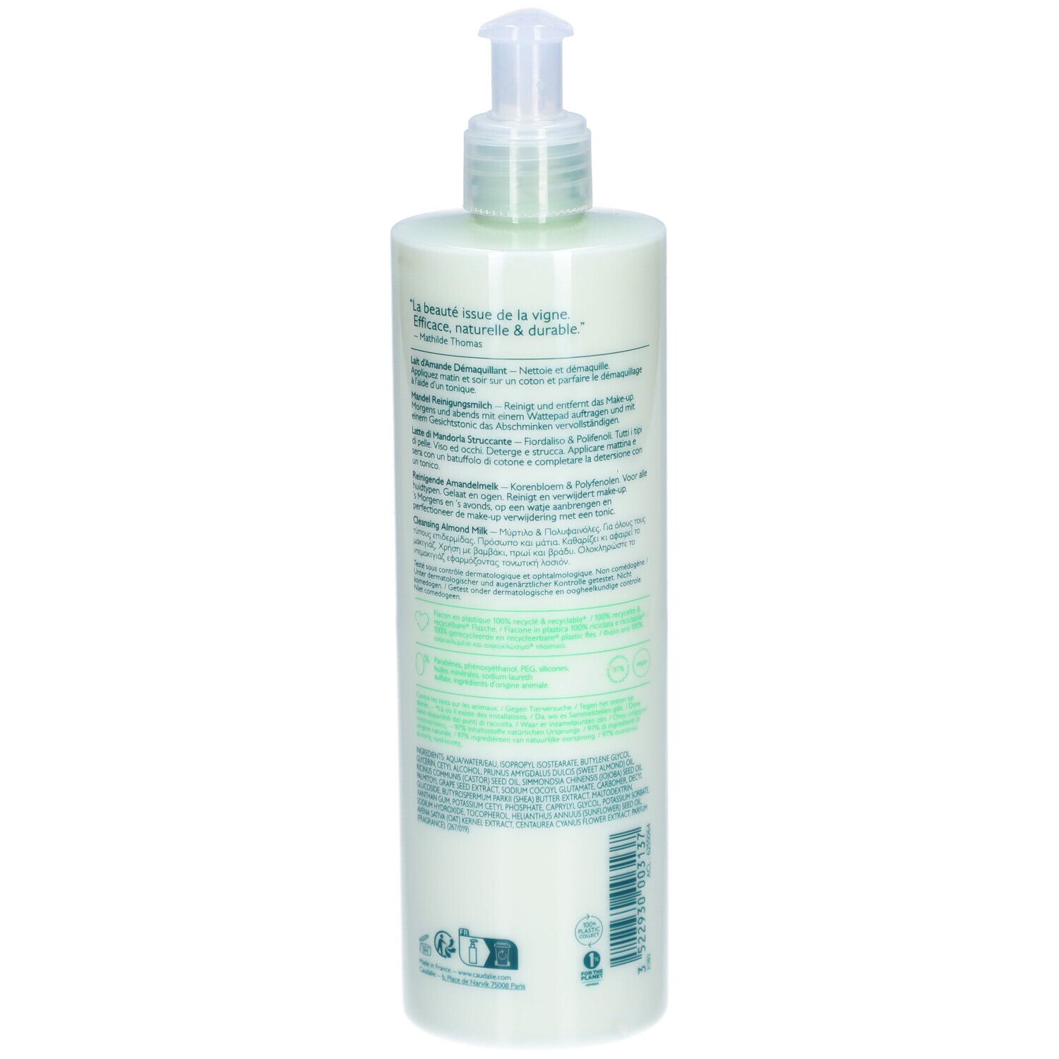 Rückansicht einer hellgrünen Flasche mit Pumpe. Text in mehreren Sprachen. Caudalie-Logo und Produktinformationen.