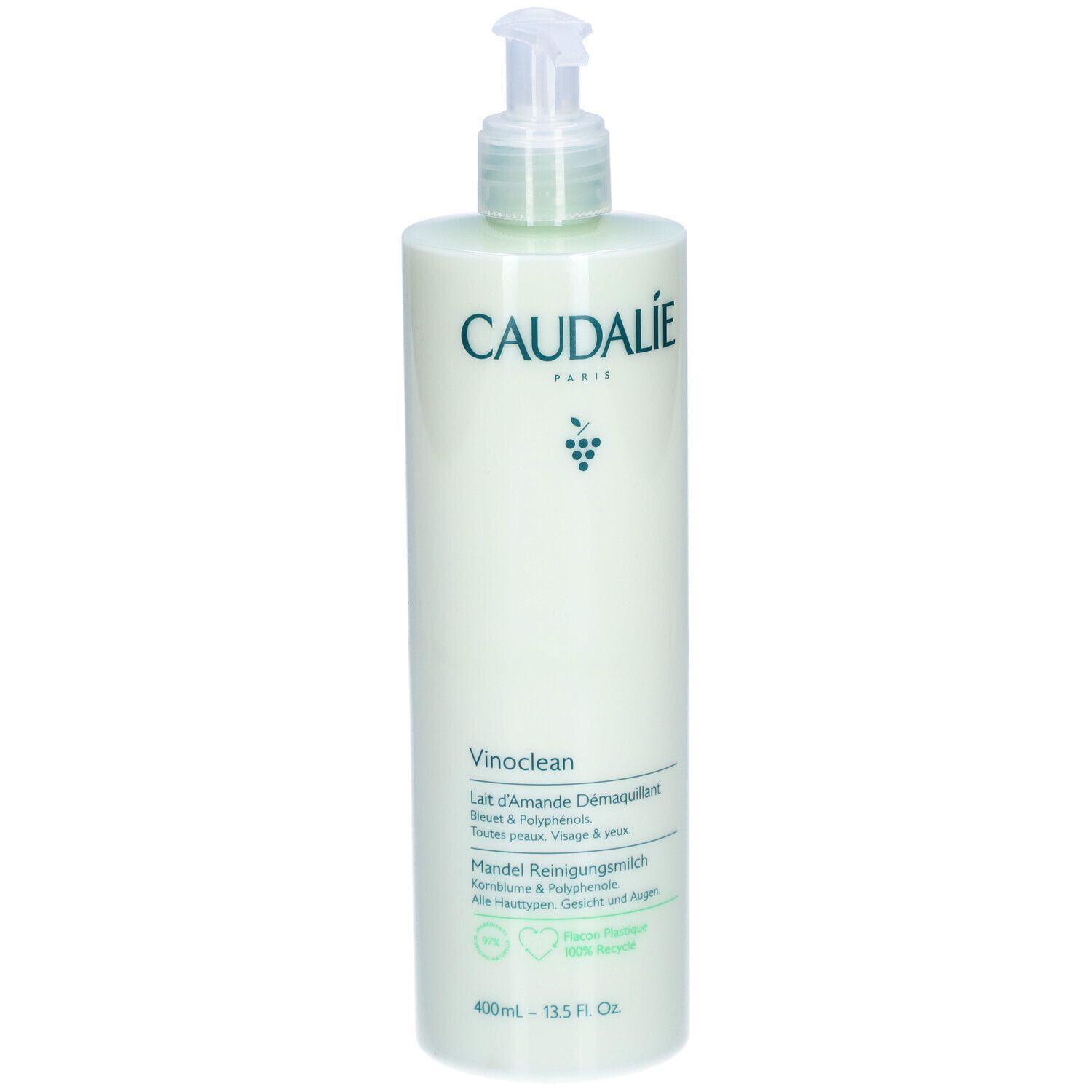 Hellgrüne Flasche mit Pumpe. Caudalie-Logo und Produktbezeichnung Vinoclean. Text in Deutsch und Französisch.