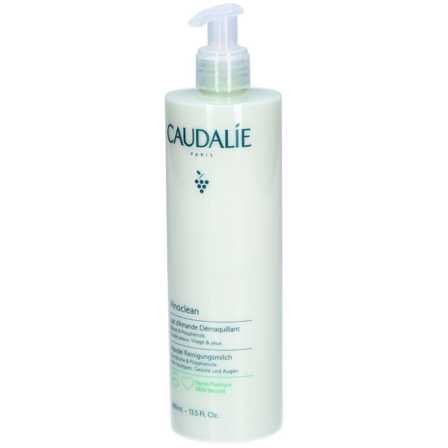 Hellgrüne Flasche mit Pumpe. Caudalie-Logo und Produktbezeichnung Vinoclean. Text in Deutsch und Französisch.