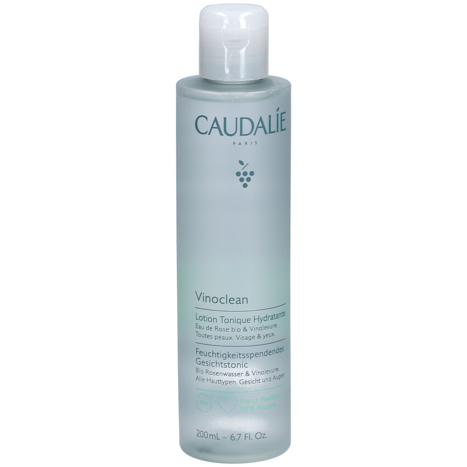 Flasche mit weißem Deckel. Caudalie-Logo und Produktbezeichnung Vinoclean. Text: Lotion Tonique Hydratante.