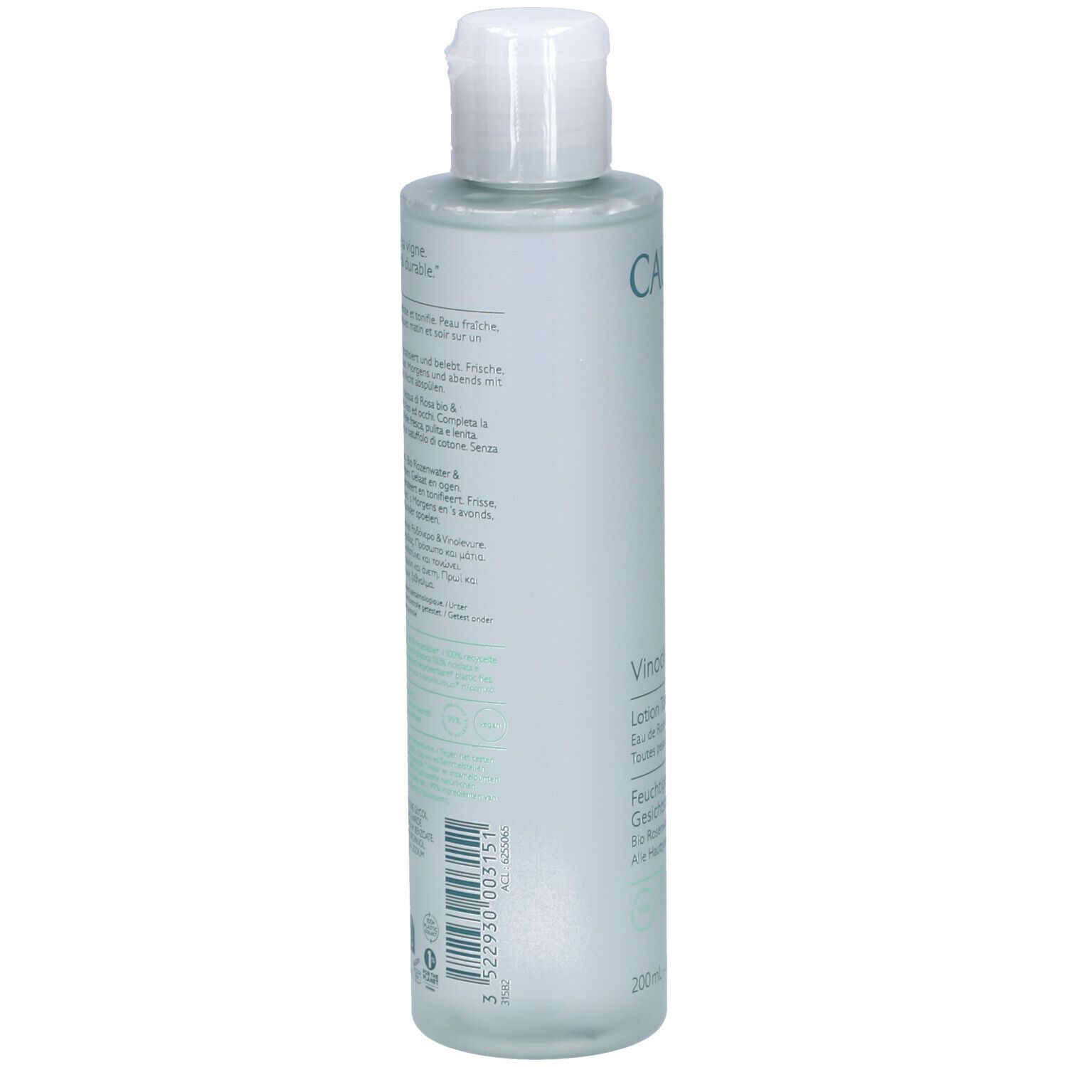 Flasche mit weißem Deckel. Rückseite mit Text. Caudalie-Logo. Barcode und Produktinformationen.