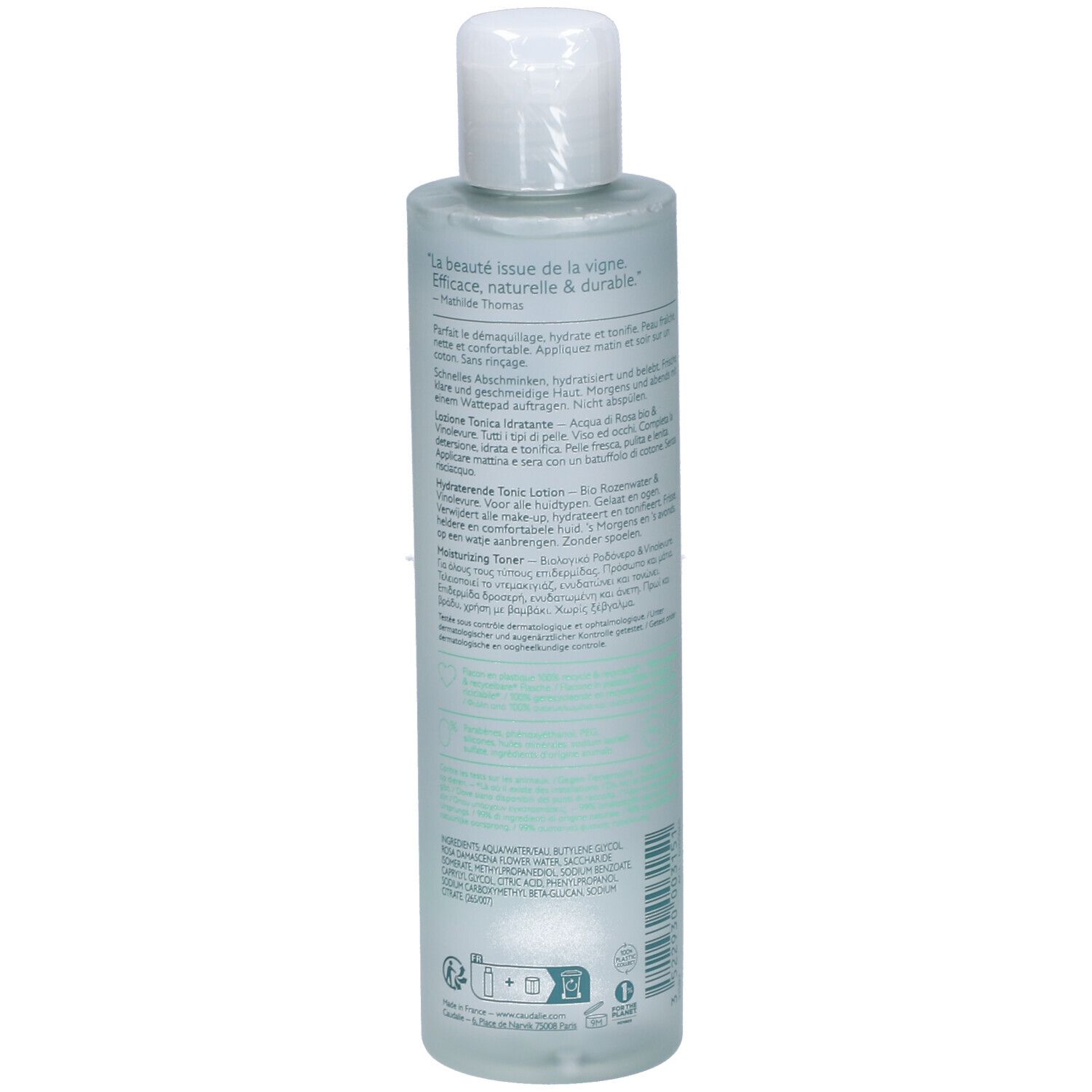 Flasche mit weißem Deckel. Rückseite mit Text. Caudalie-Logo. Produktinformationen und Zertifizierungen.