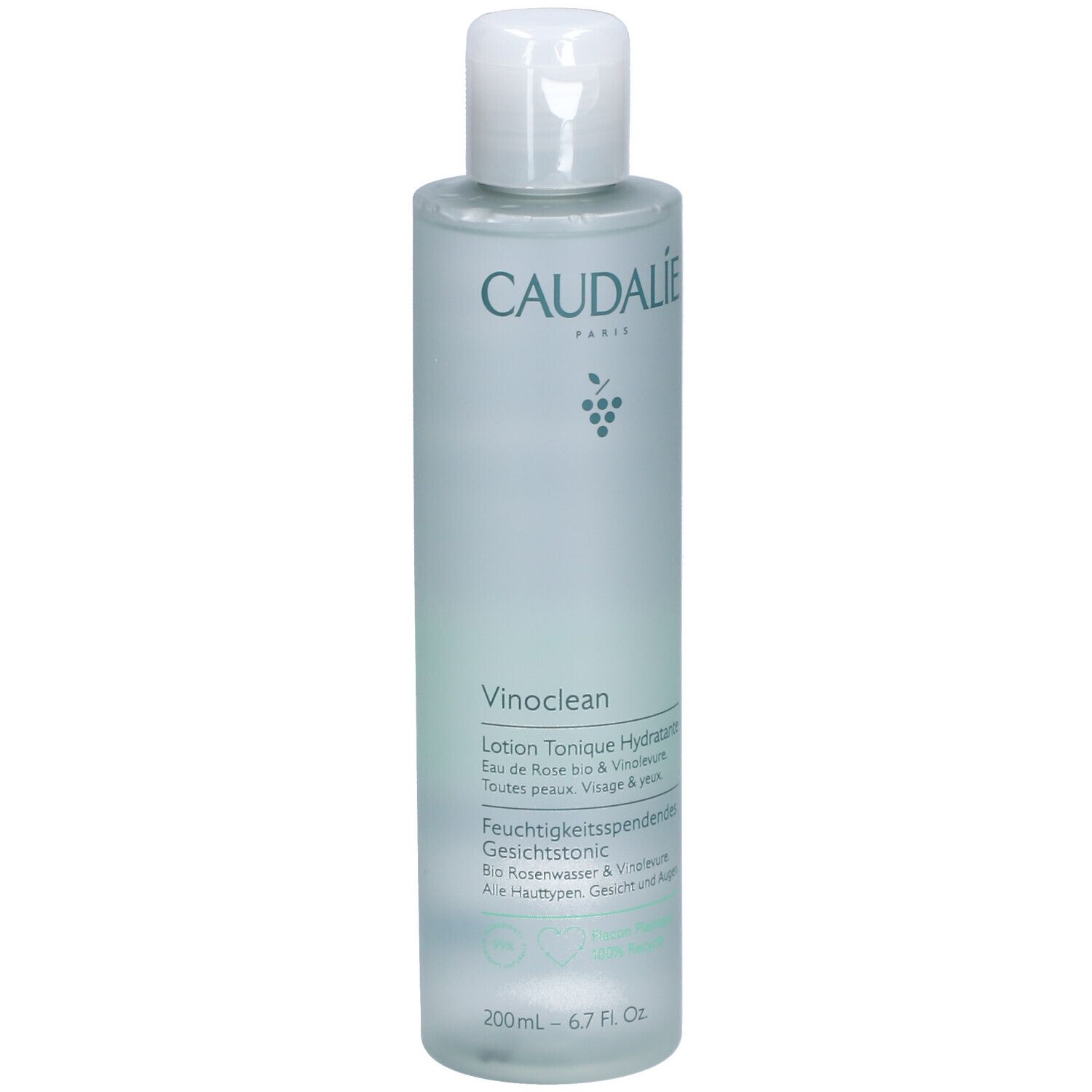 Flasche mit weißem Deckel. Caudalie-Logo und Produktbezeichnung Vinoclean. Text: Lotion Tonique Hydratante.