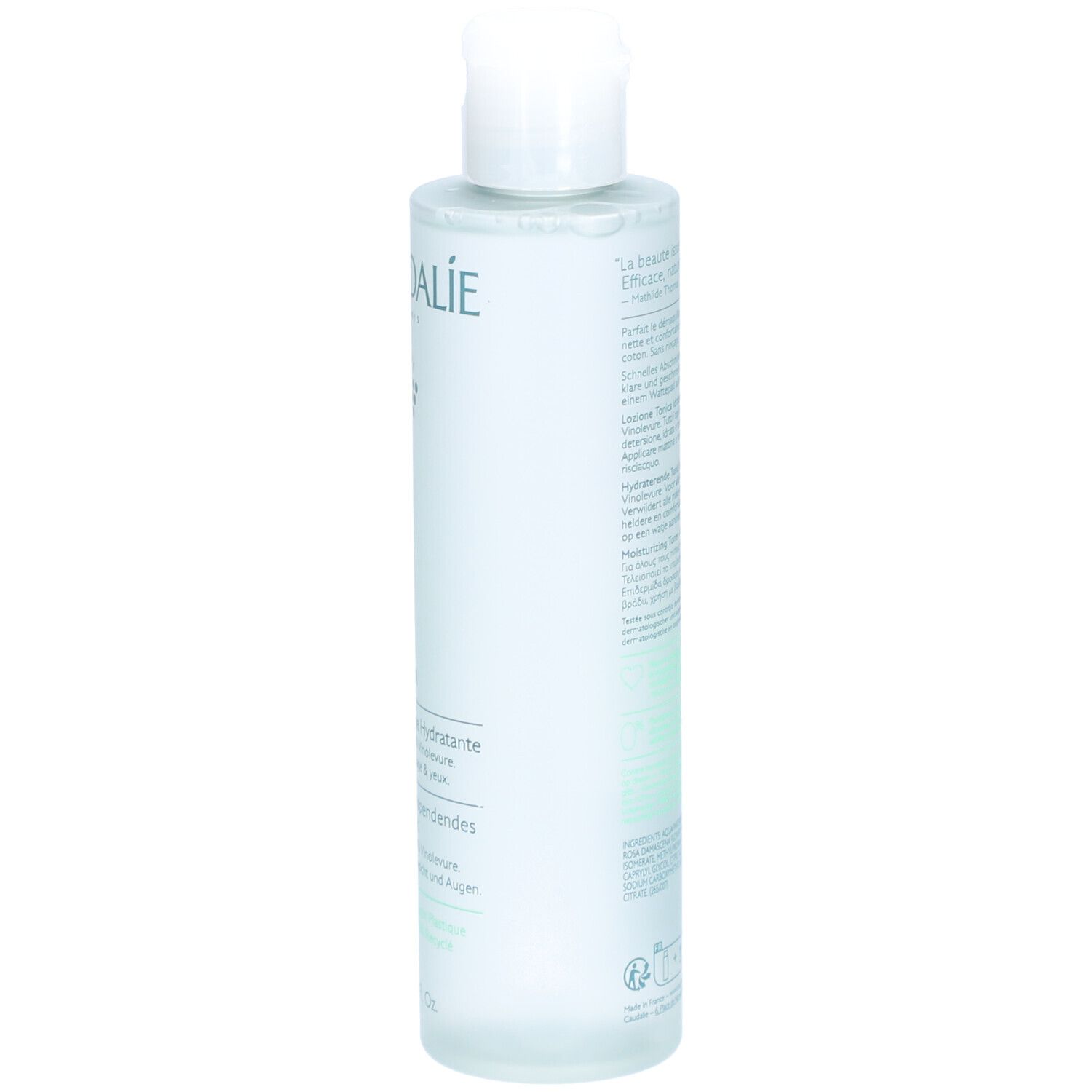 Flasche mit weißem Deckel. Rückseite mit Text. Caudalie-Logo. Produktinformationen und Zertifizierungen.