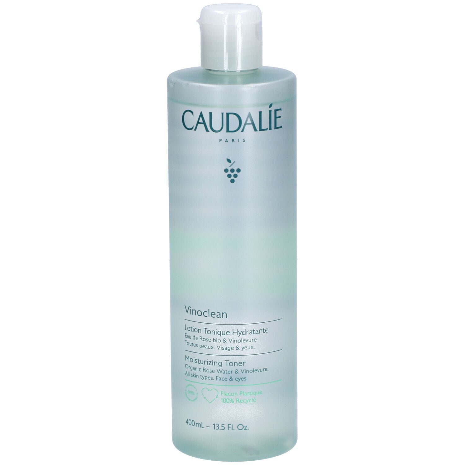 Flacon de tonique visage Caudalie Vinoclean. Bouchon blanc, texte vert. Contient rose et Vinolevure. 400ml.