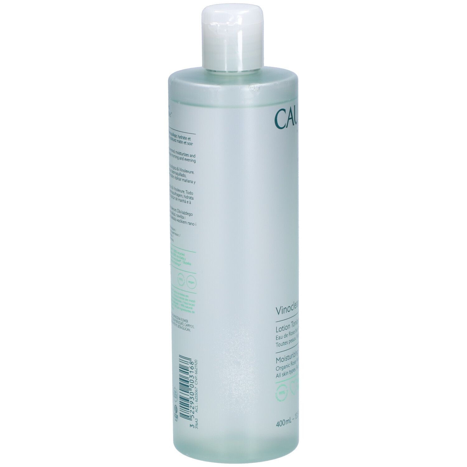 Dos du flacon de tonique Caudalie Vinoclean. Texte multilingue. Texte vert sur fond transparent.