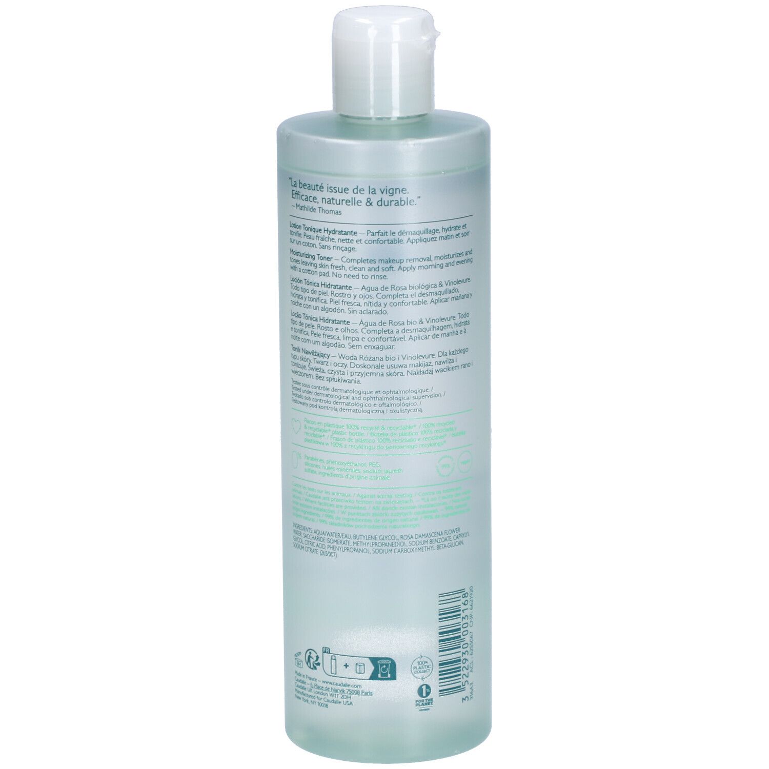 Dos du flacon de tonique Caudalie Vinoclean. Texte multilingue. Texte vert sur fond transparent.