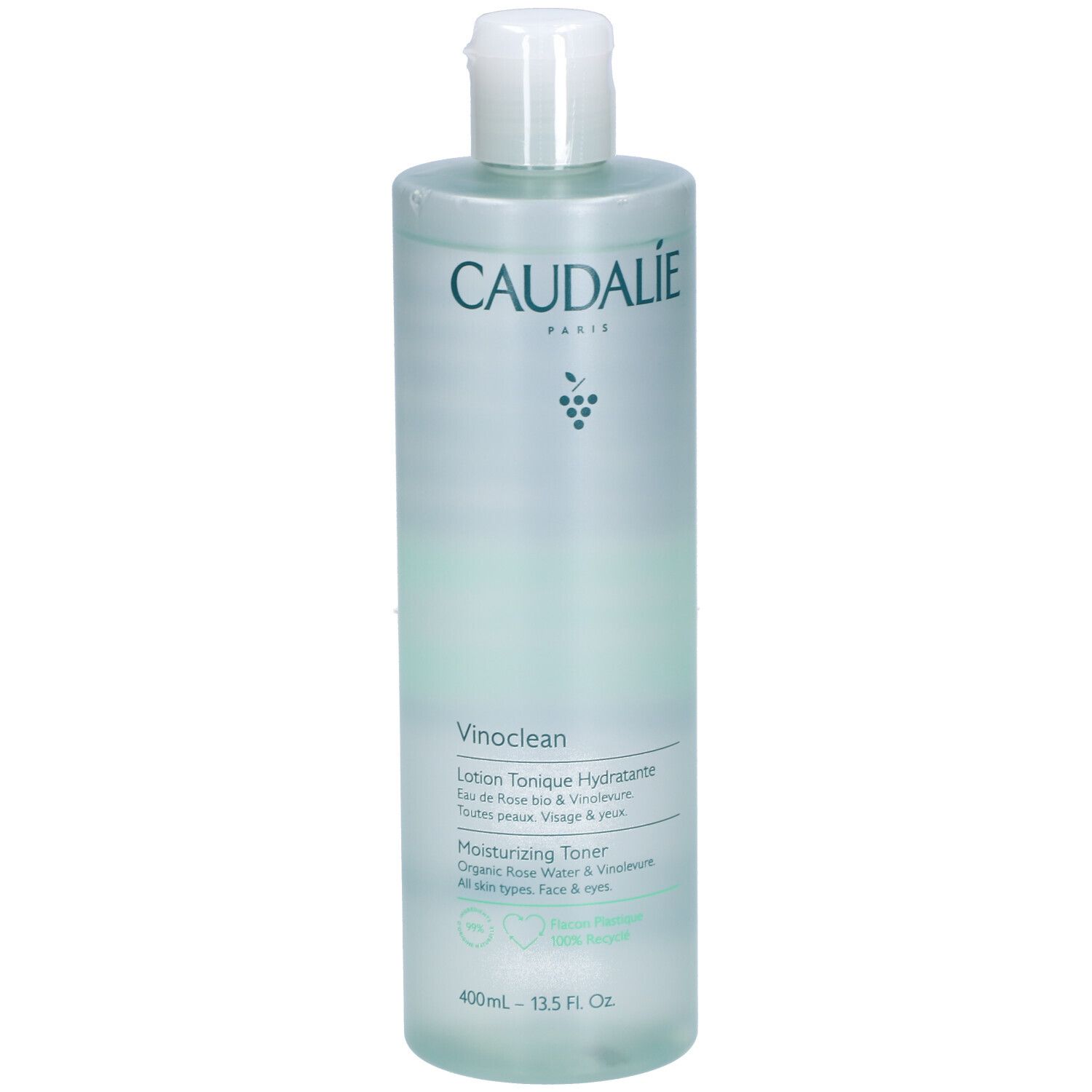 Flacon de tonique visage Caudalie Vinoclean. Bouchon blanc, texte vert. Contient rose et Vinolevure. 400ml.