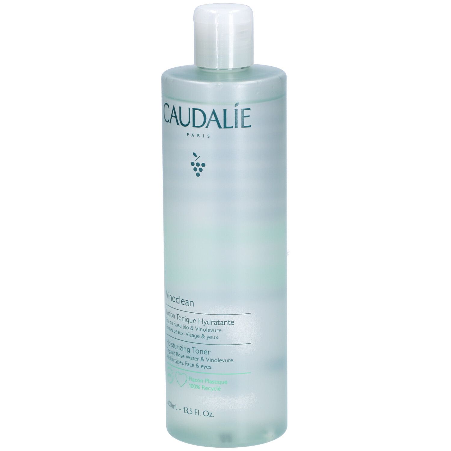 Flacon de tonique visage Caudalie Vinoclean. Bouchon blanc, texte vert. Contient rose et Vinolevure. 400ml.