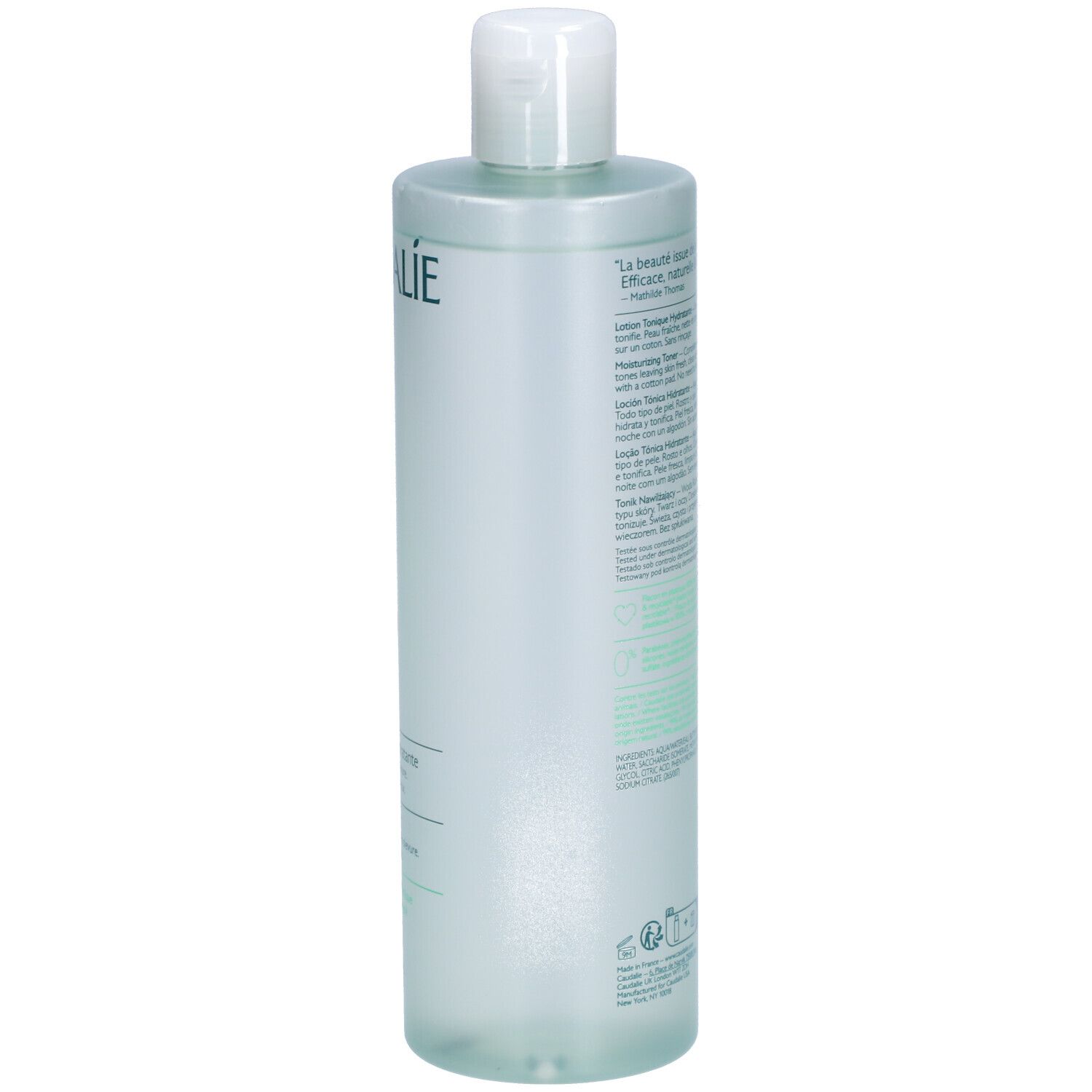 Dos du flacon de tonique Caudalie Vinoclean. Texte multilingue. Texte vert sur fond transparent.