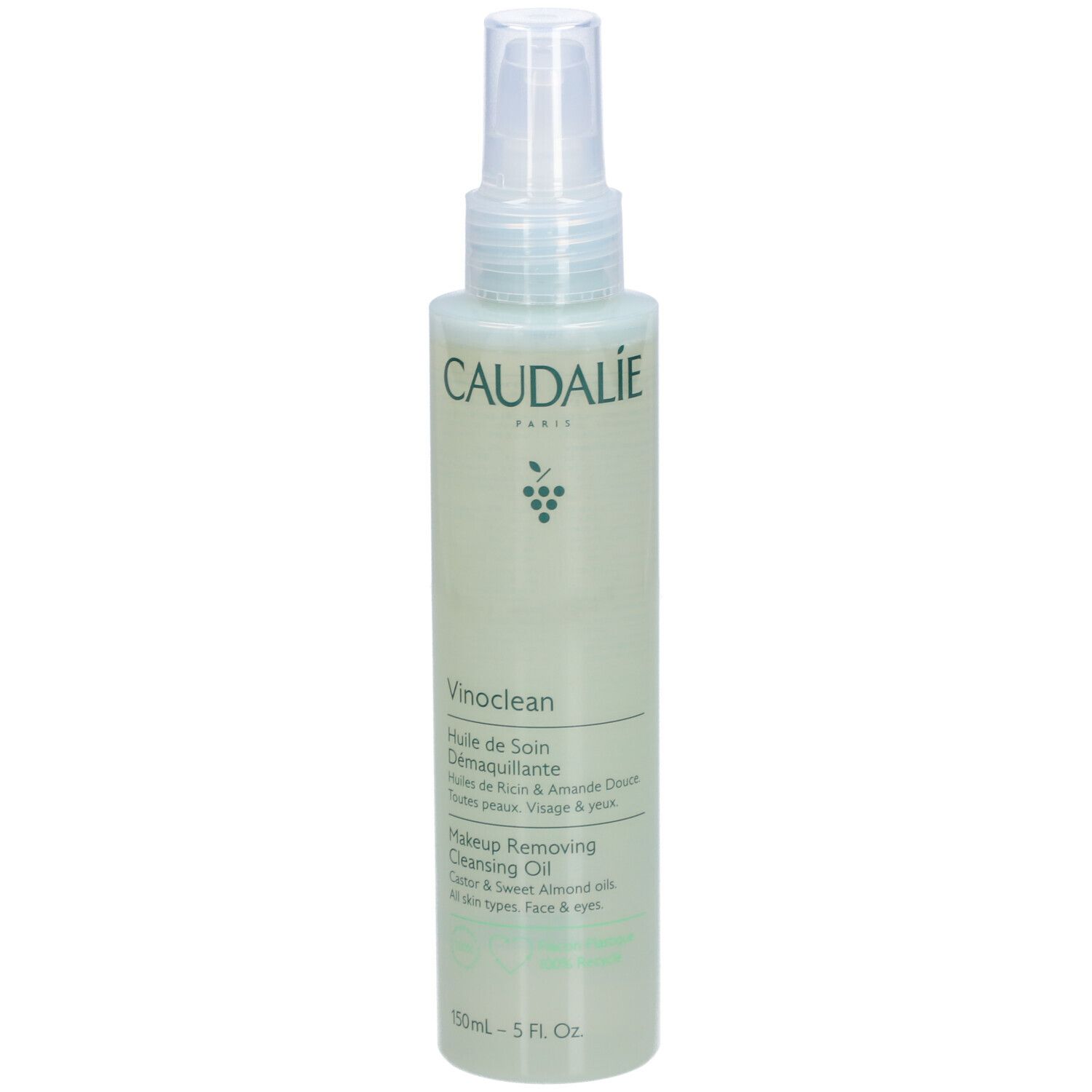 Caudalie Vinoclean Reinigungsöl Flasche. Mit Sprühkopf. Text: Vinoclean, Makeup Removing Cleansing Oil. 150ml.